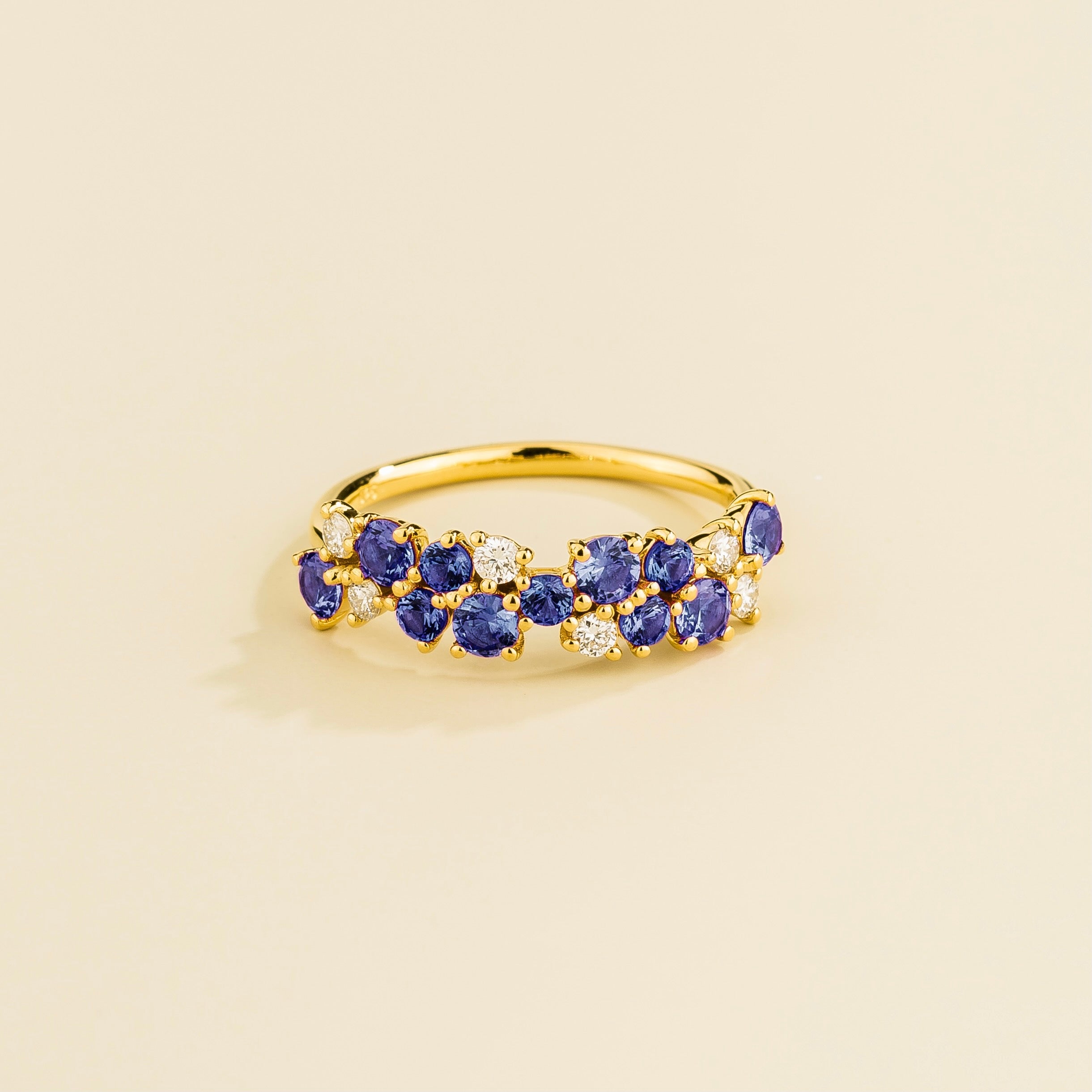 Starry Gold Ring With Cluster Round Blue Sapphire & Diamond