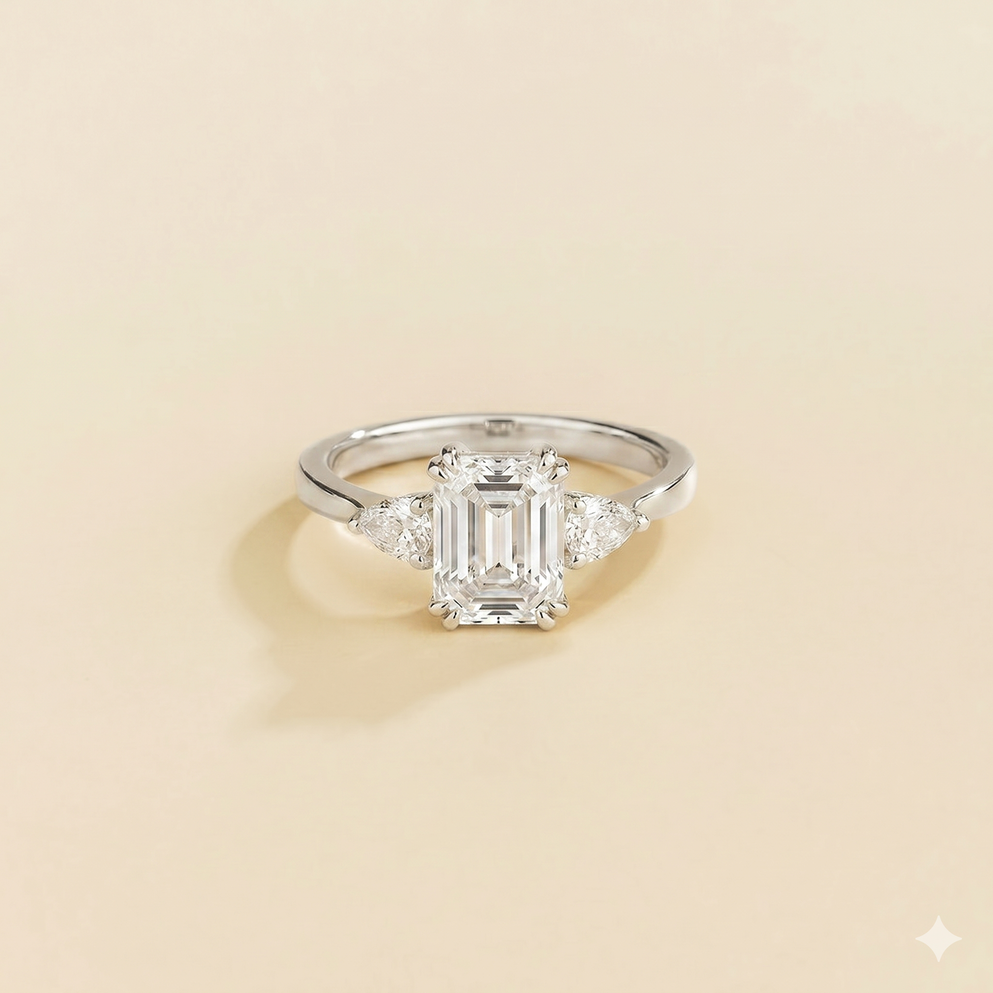 Ailes Diamond Emerald-Cut & Pear Side Diamonds Ring in White Gold