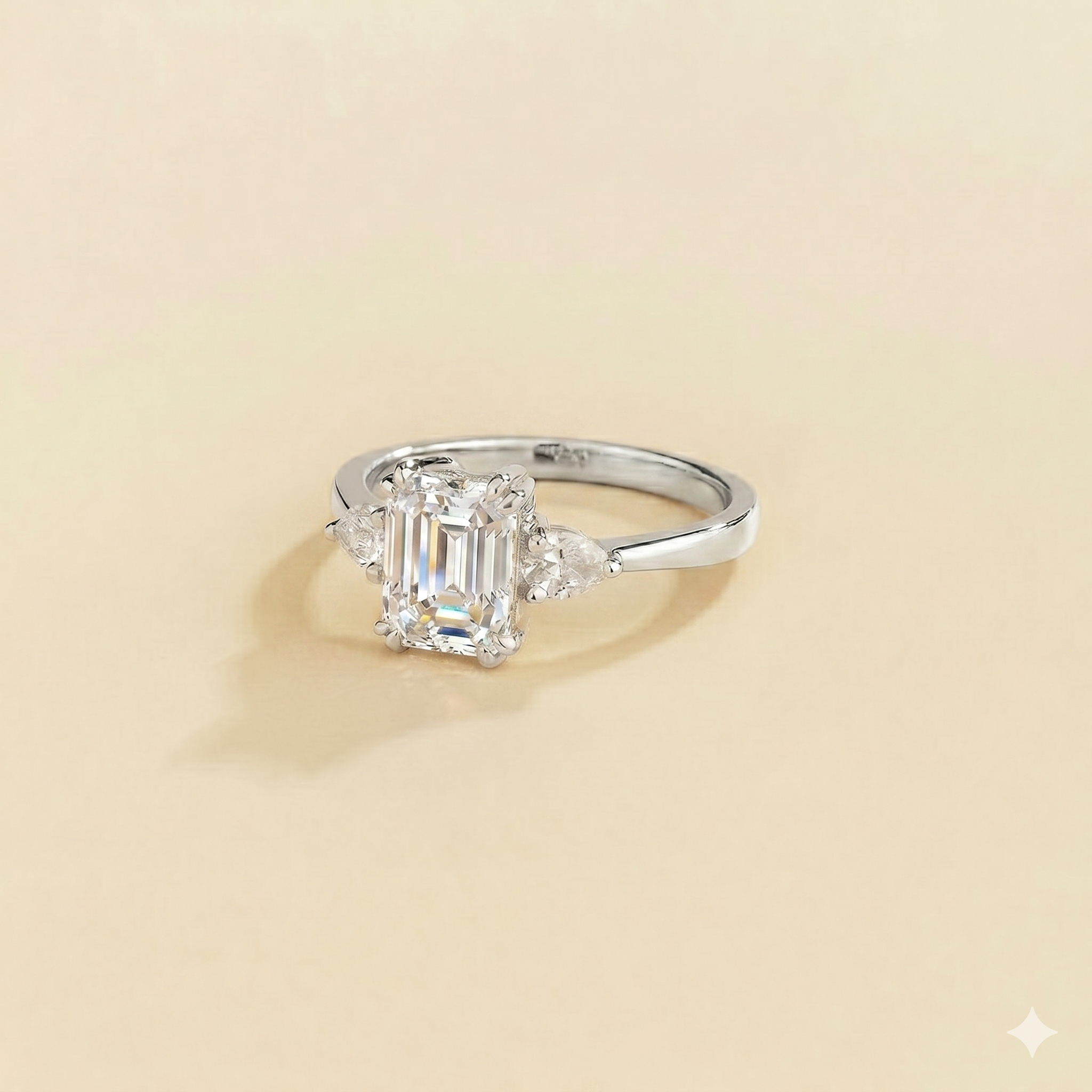 Ailes Diamond Emerald-Cut & Pear Side Diamonds Ring in White Gold