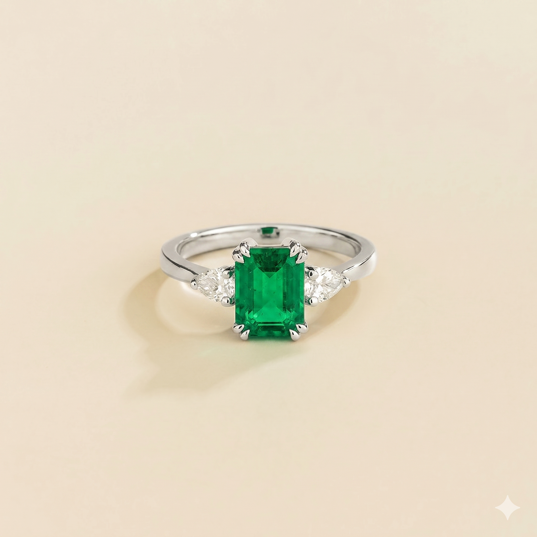 Ailes Emerald Emerald-Cut Ring with Pear Side Diamonds in White Gold
