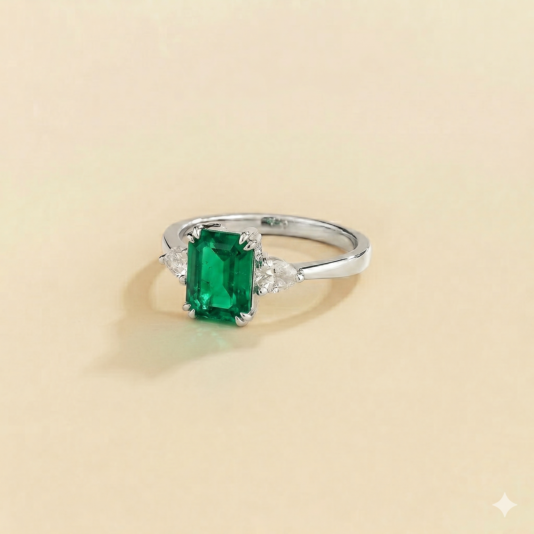 Ailes Emerald Emerald-Cut Ring with Pear Side Diamonds in White Gold