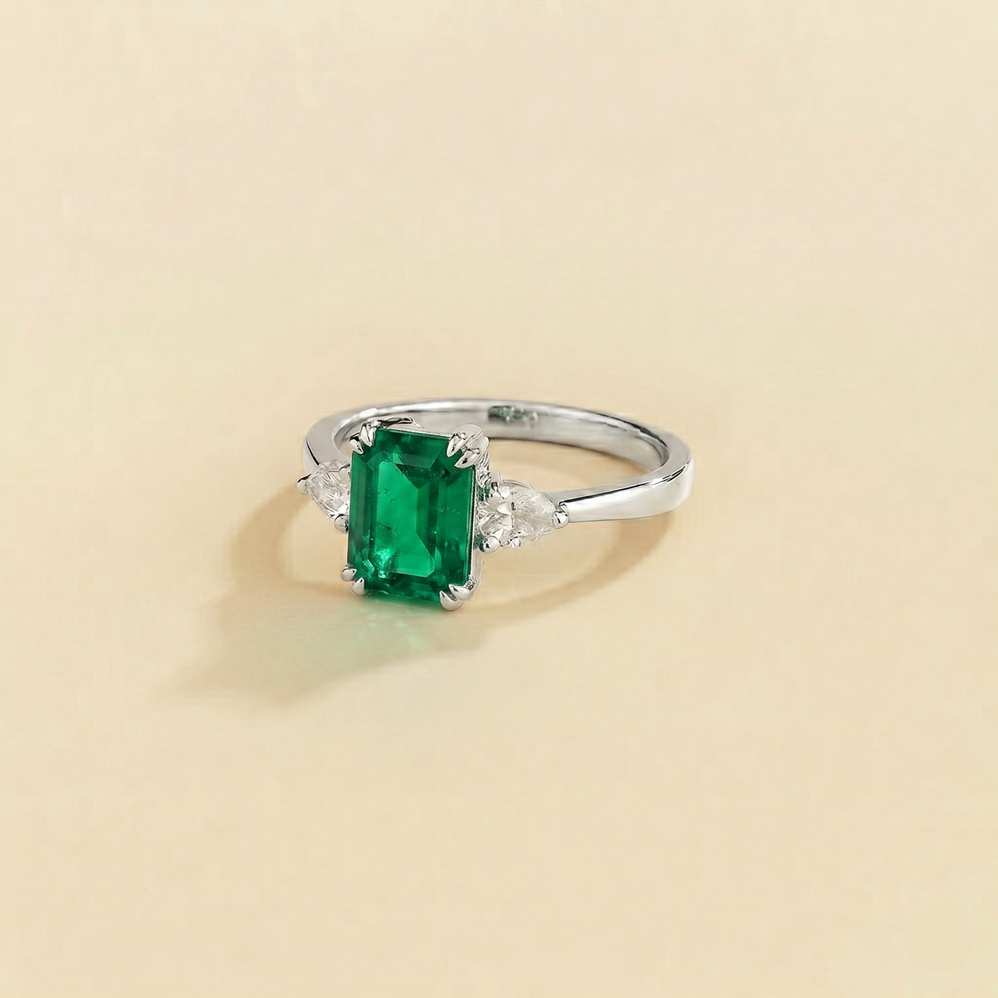 Ailes Emerald Emerald-Cut Ring with Pear Side Diamonds in White Gold