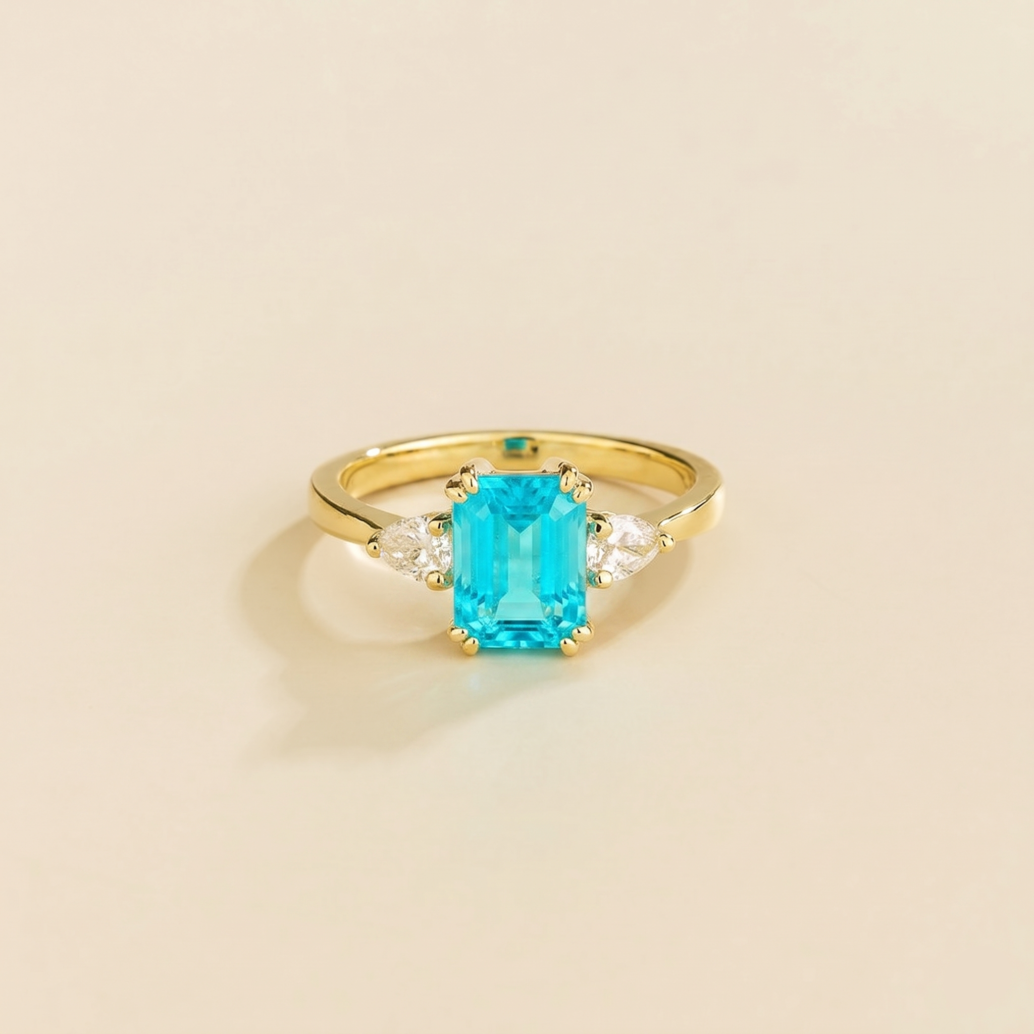 Ailes Paraiba Emerald-Cut Ring with Pear Side Diamonds in Gold