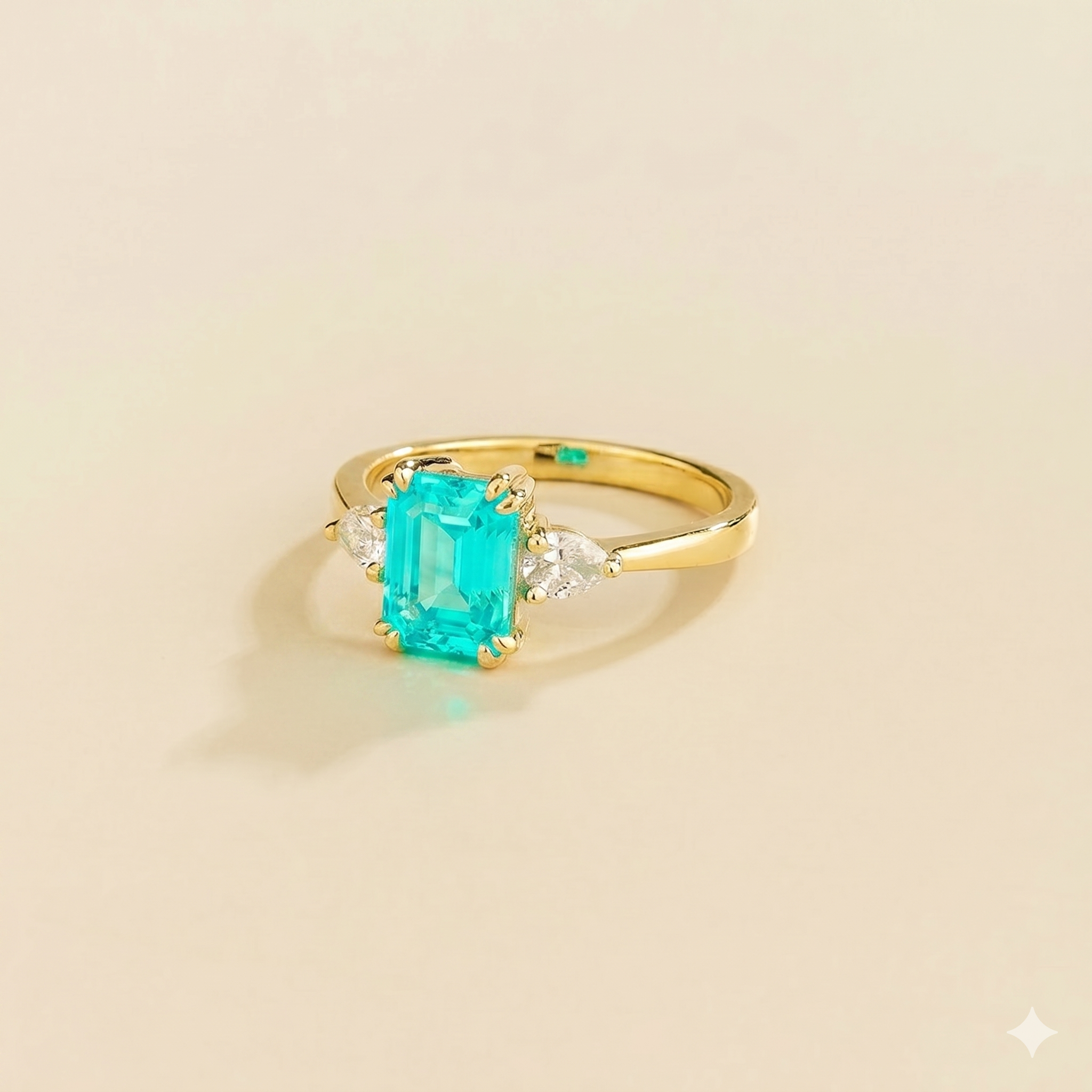 Ailes Paraiba Emerald-Cut Ring with Pear Side Diamonds in Gold