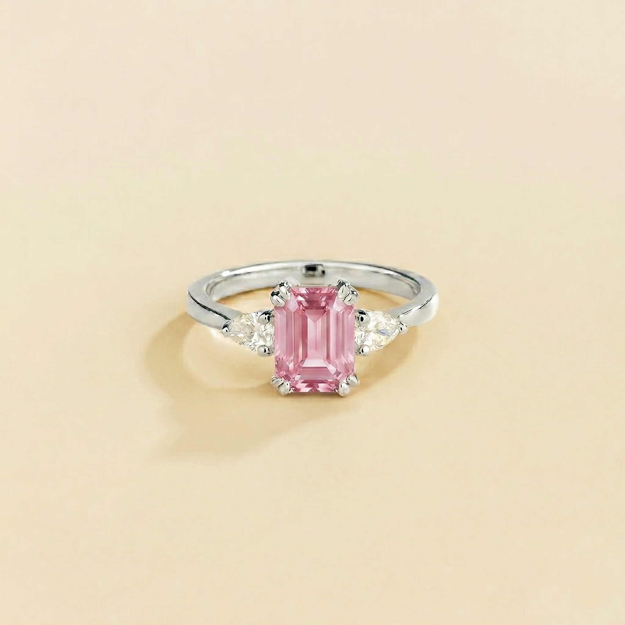 Ailes Pastel Pink Sapphire Emerald-Cut Ring with Pear Side Diamonds in White Gold