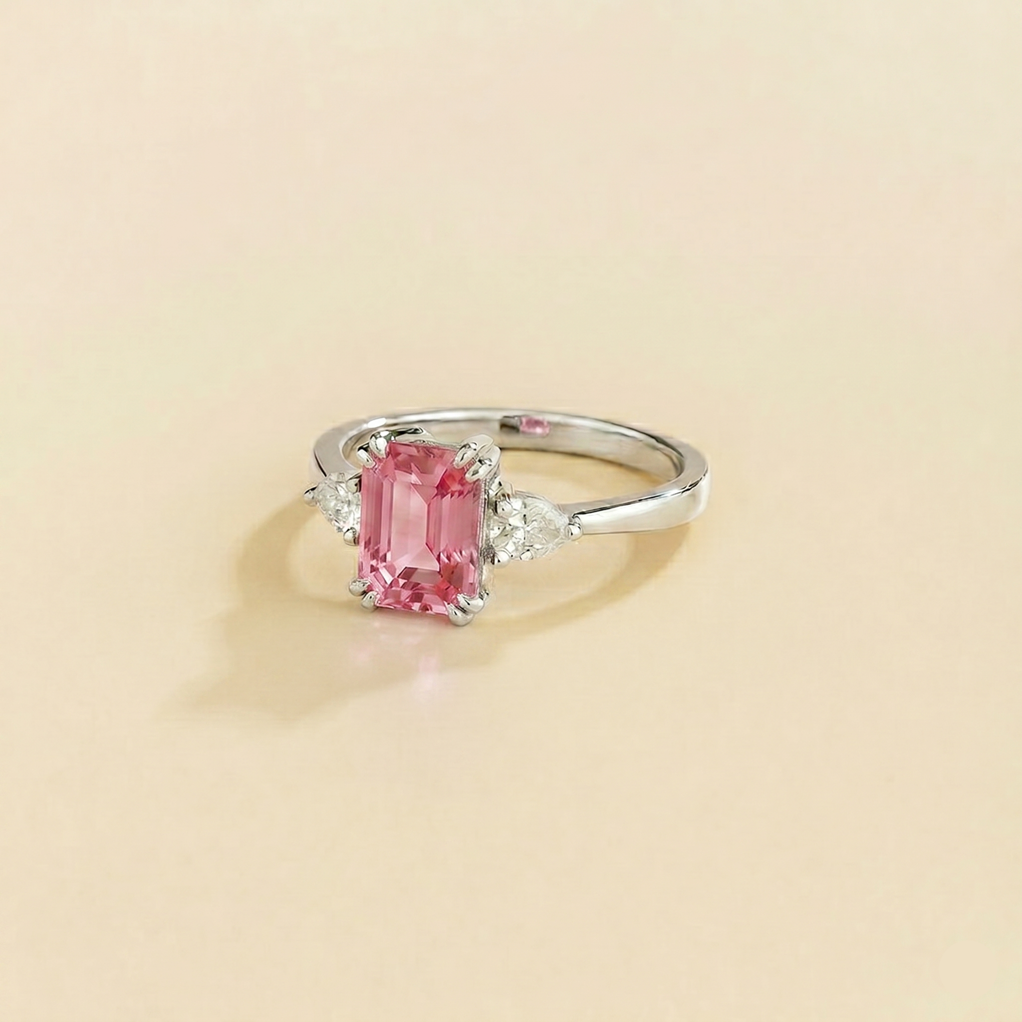 Ailes Pastel Pink Sapphire Emerald-Cut Ring with Pear Side Diamonds in White Gold