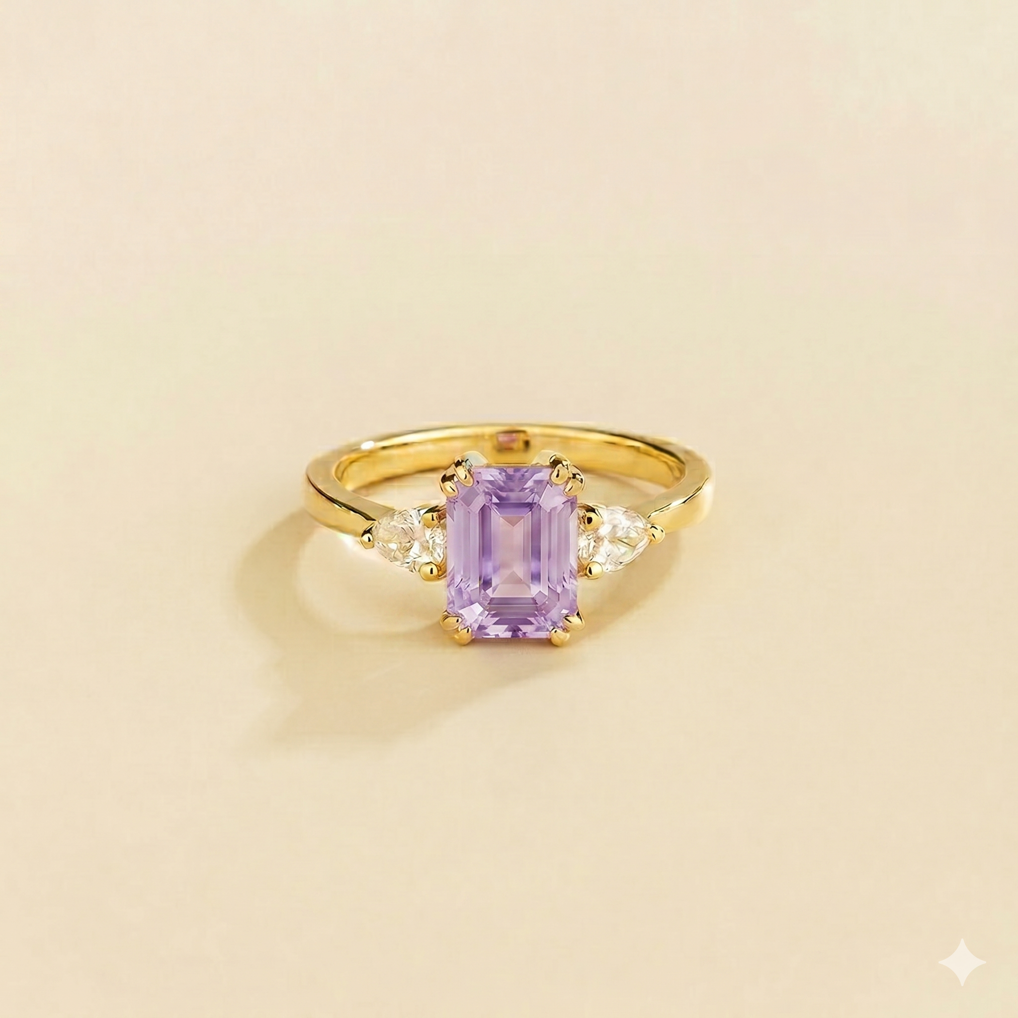 Ailes Purple Sapphire Emerald-Cut Ring with Pear Side Diamonds in Gold
