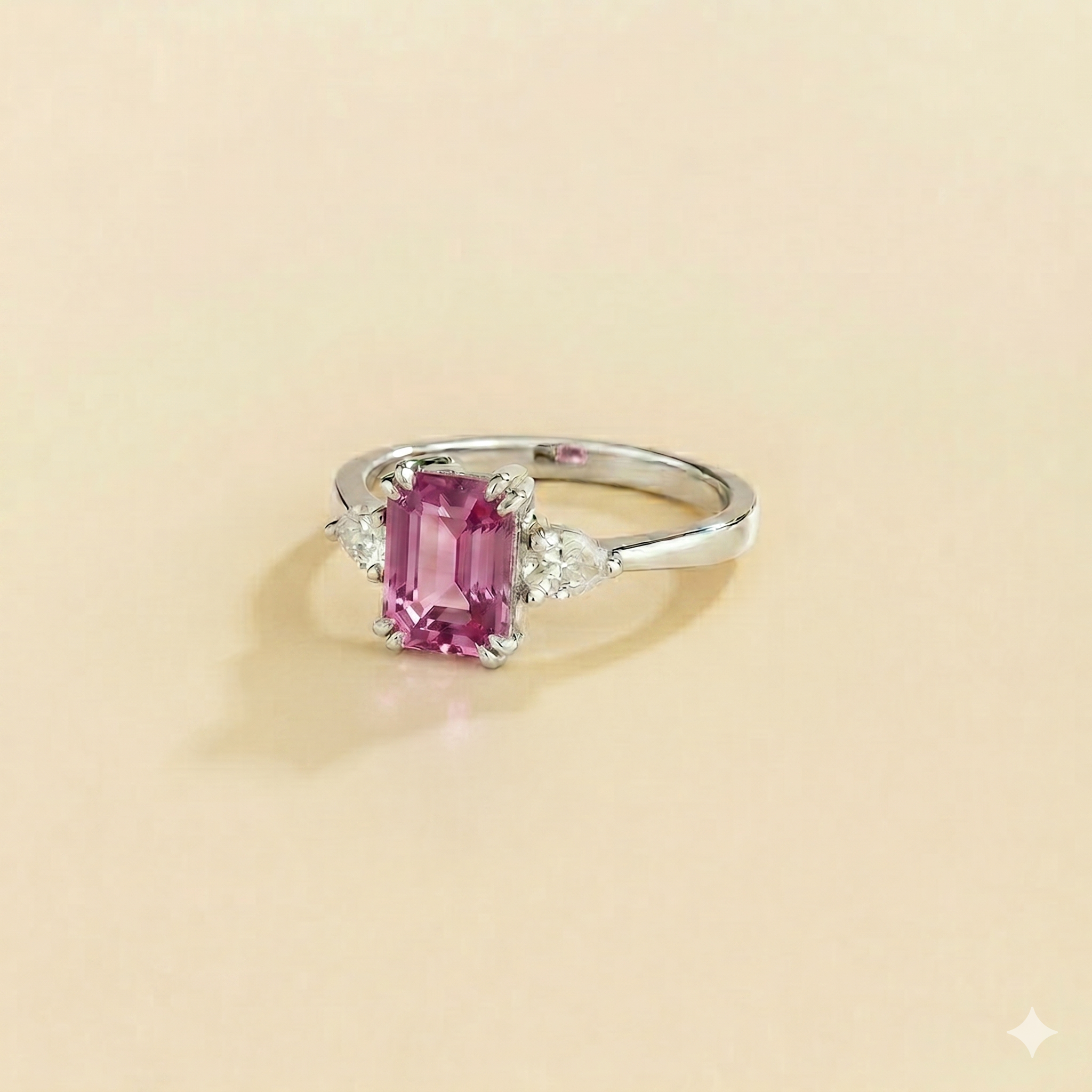 Ailes Purple Sapphire Emerald-Cut Ring with Pear Side Diamonds in White Gold
