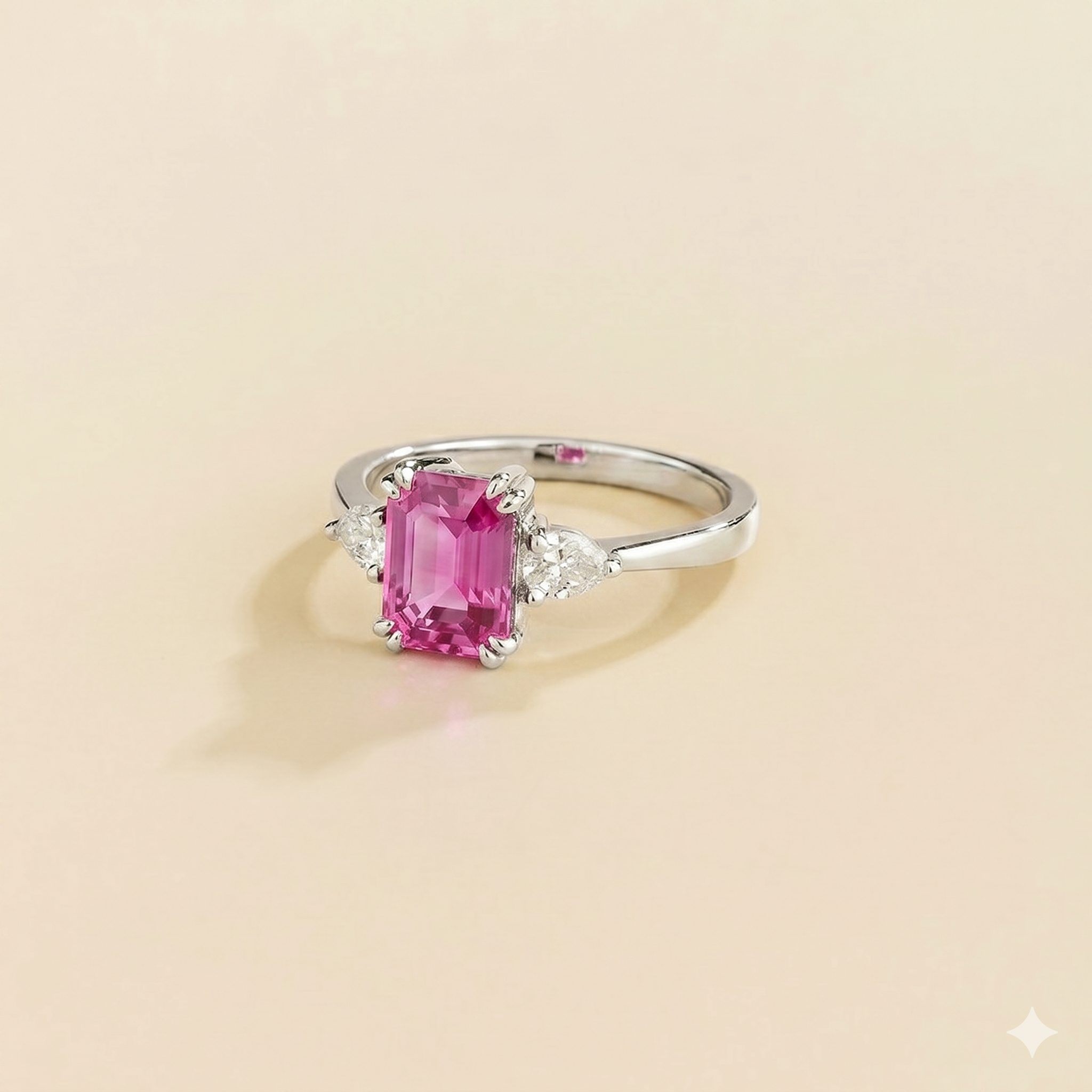 Ailes Vivid Hot Pink Sapphire Emerald-Cut Ring with Pear Side Diamonds in White Gold