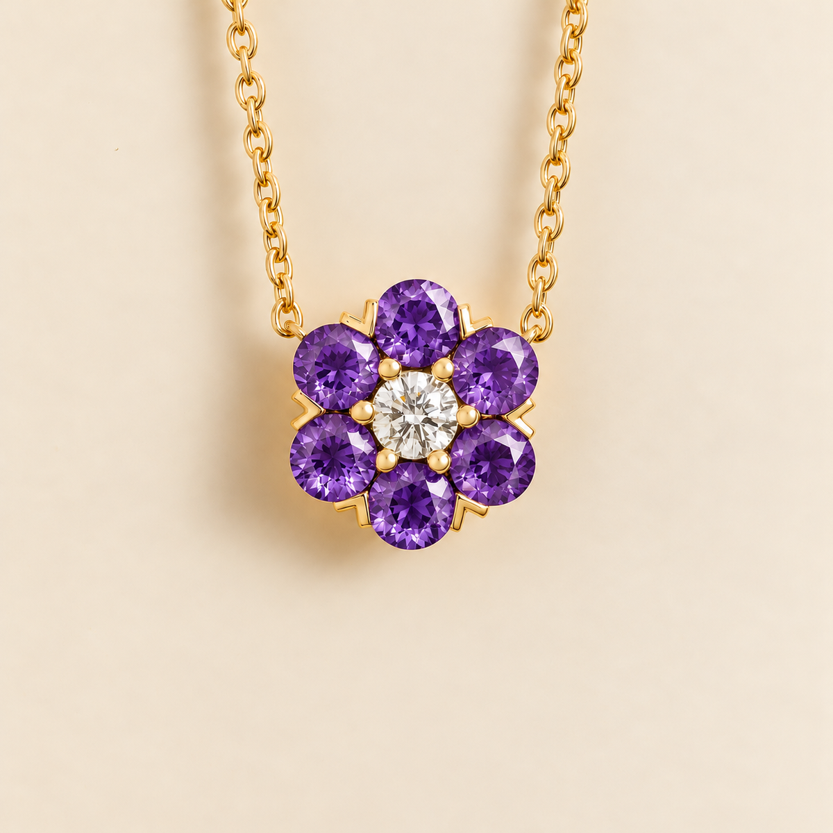 Cinq Purple Sapphire & Diamond Flower Pendant Necklace in Gold