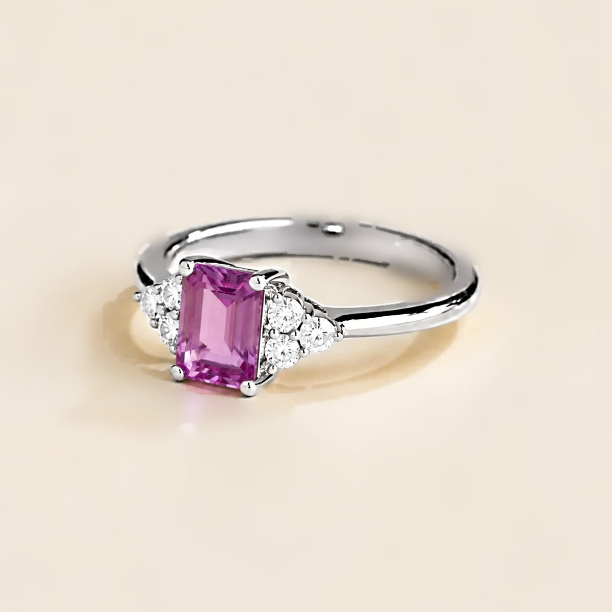 Chateau Purple Sapphire Emerald-Cut & Diamond Ring in White Gold, side angle