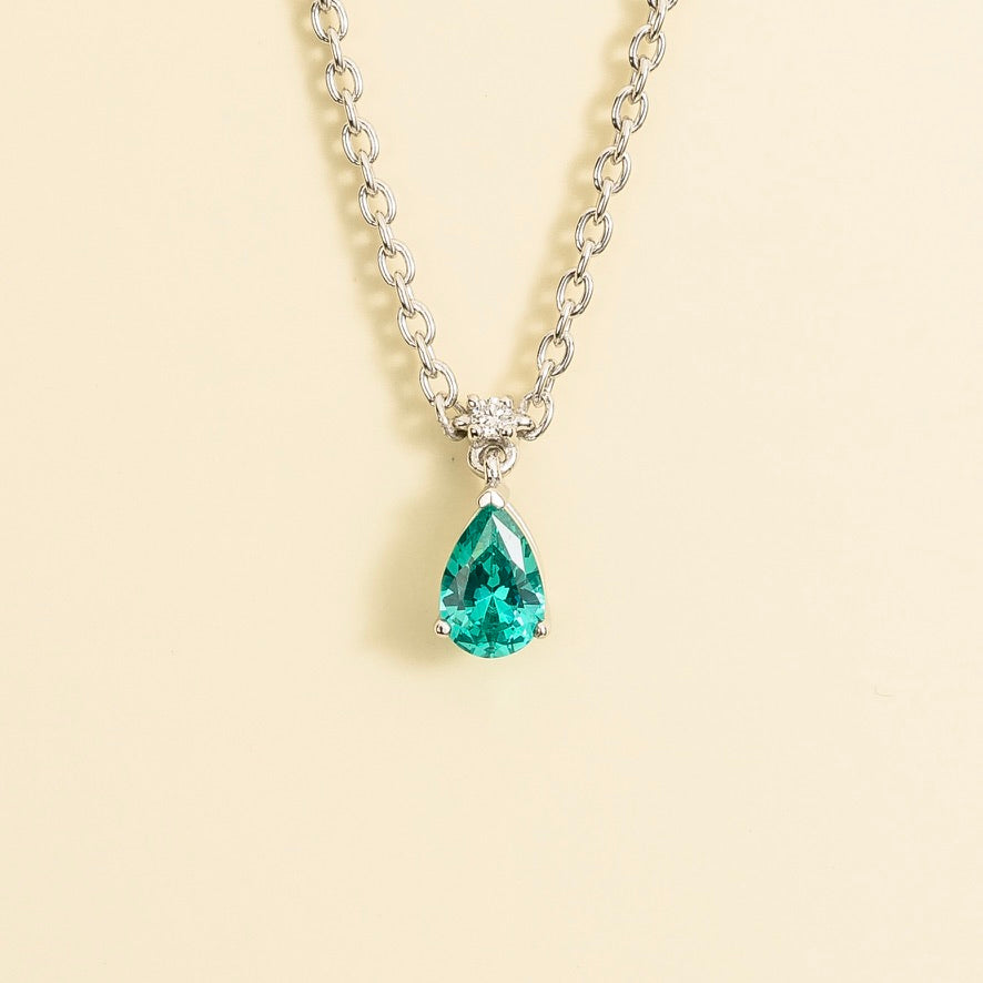 Pear-drop lab-grown Paraiba sapphire and diamond pendant necklace, Pisa small design in white gold | Juvetti London