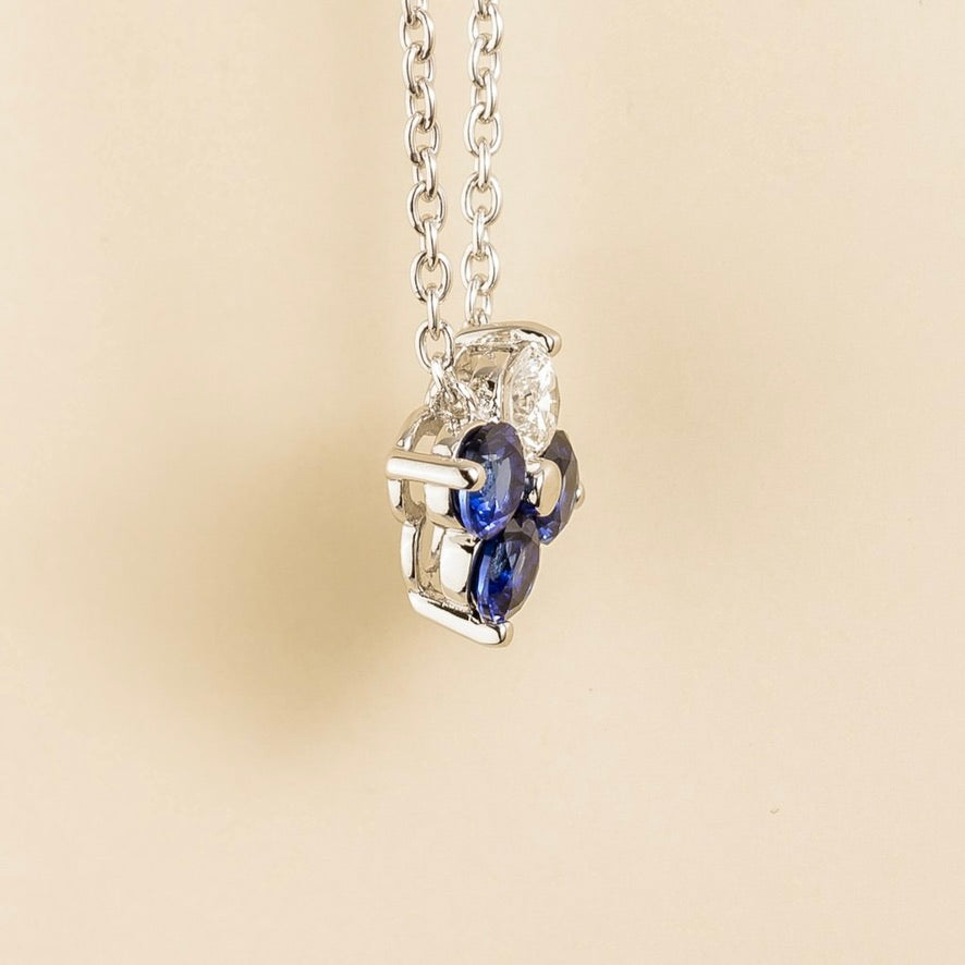 Clover Blue Sapphire & Diamond Necklace In White Gold