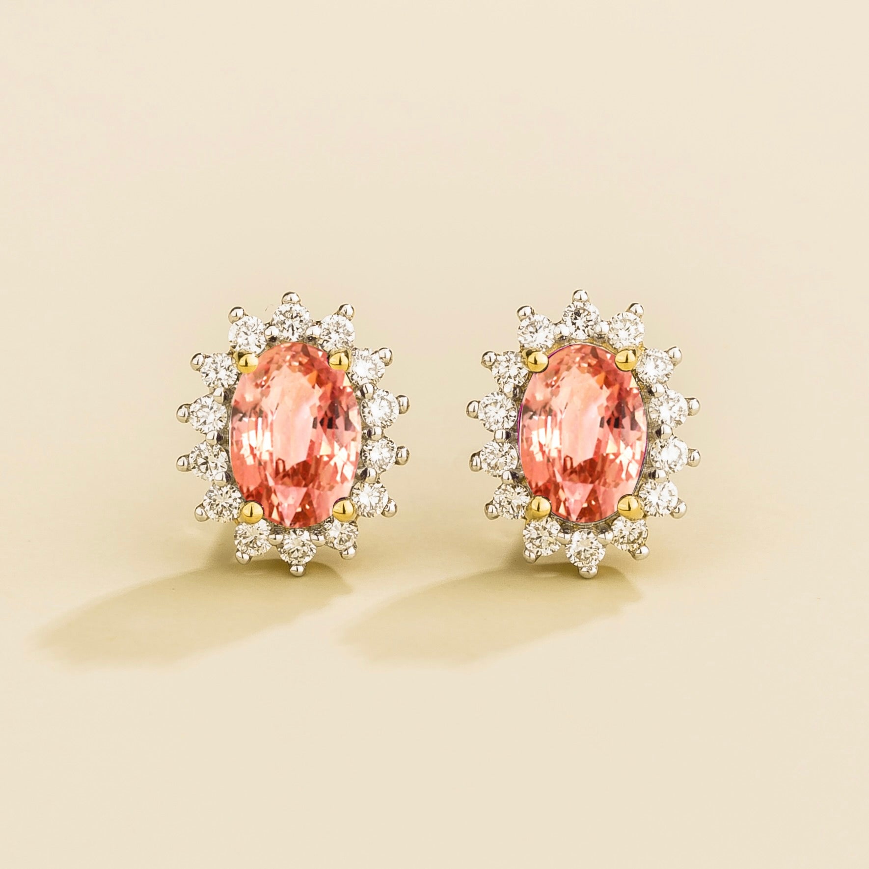 Divo Oval Padparadscha Sapphire & Diamond Halo Gold Earrings