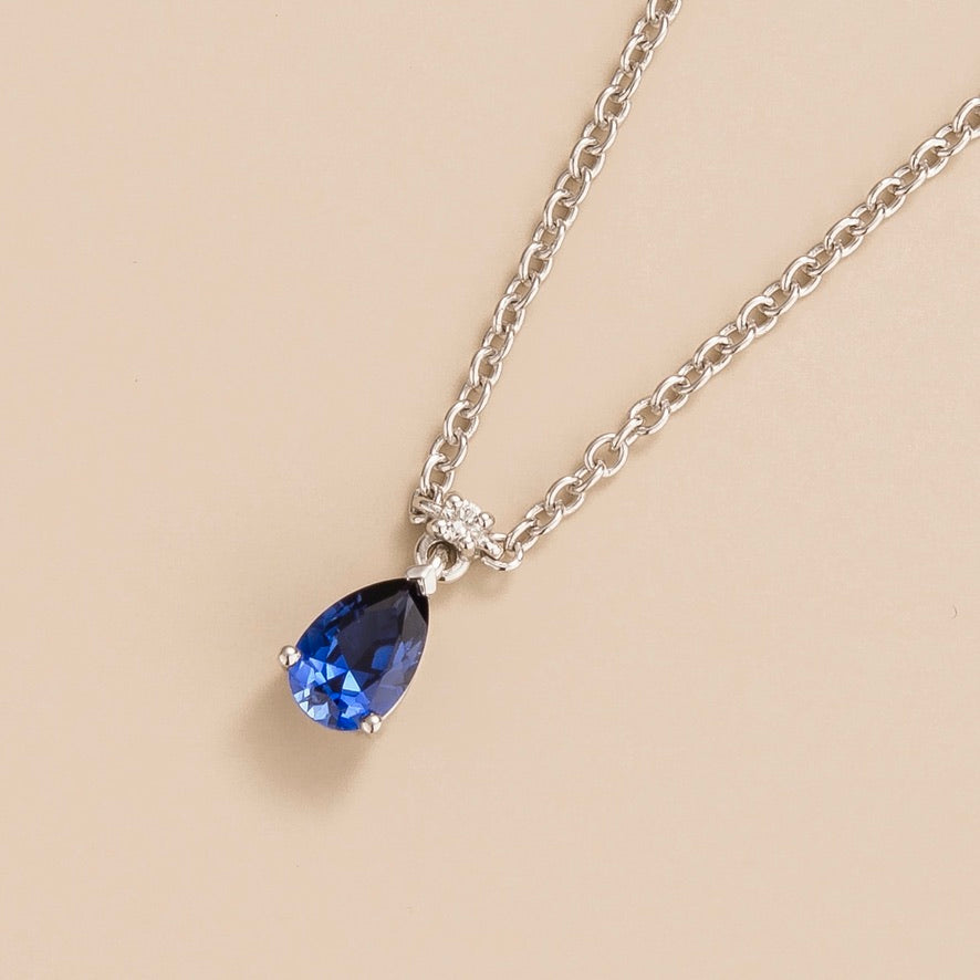 Pisa Blue Sapphire & Diamond Pear Drop Pendant Necklace In White Gold - Small