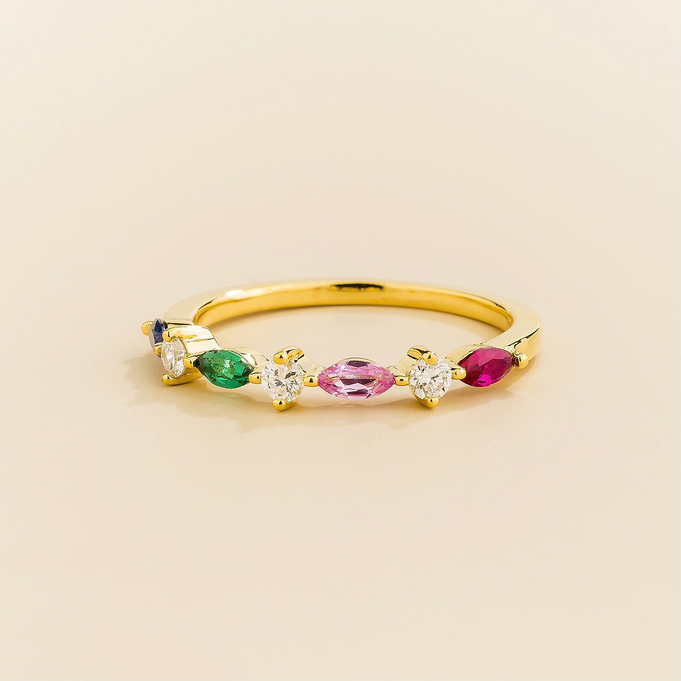 Marquise Ruby, Pink sapphire, Emerald, Blue sapphire & Diamond Half Eternity Band Gold Ring