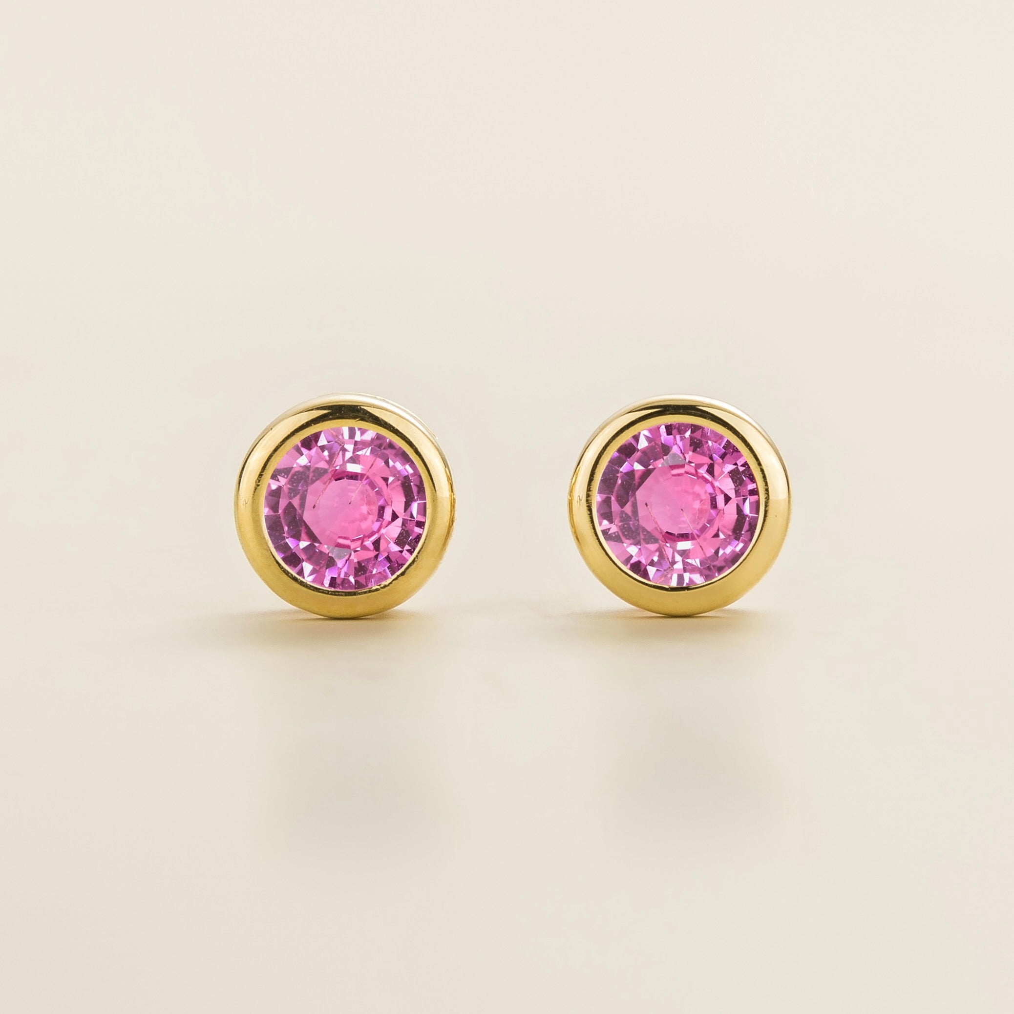 Margo Pastel Pink Sapphire Round Bazel Set Gold Earrings