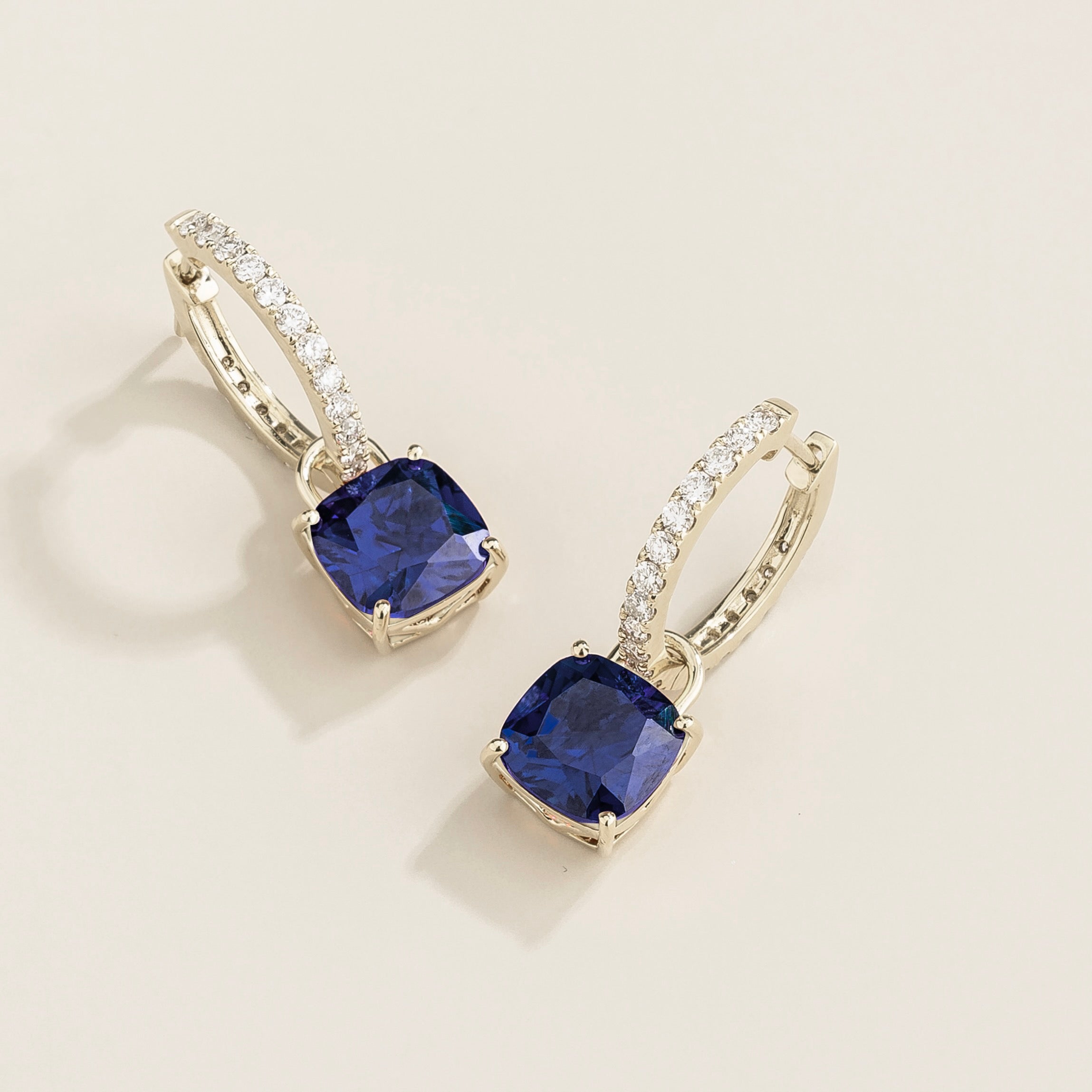 Oreol Blue Sapphire Cushion Cut & Diamond Hoop Drop Earrings in White Gold
