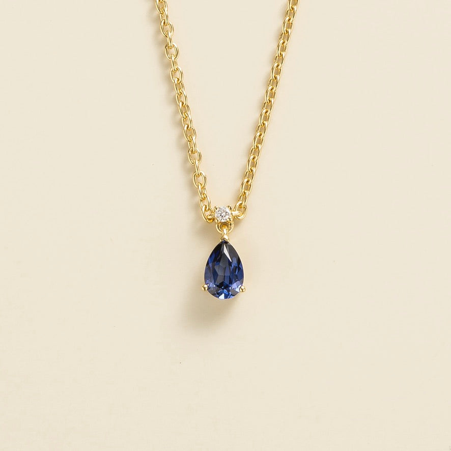 Pisa Blue Sapphire & Diamond Pear Drop Pendant Necklace In Gold - Small