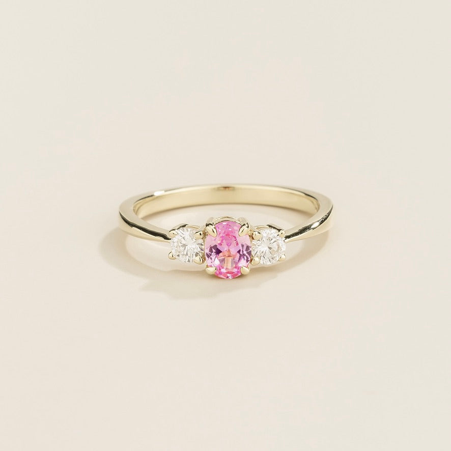 Oval lab-grown pink sapphire and diamond three-stone Boble ring in white gold | Juvetti London