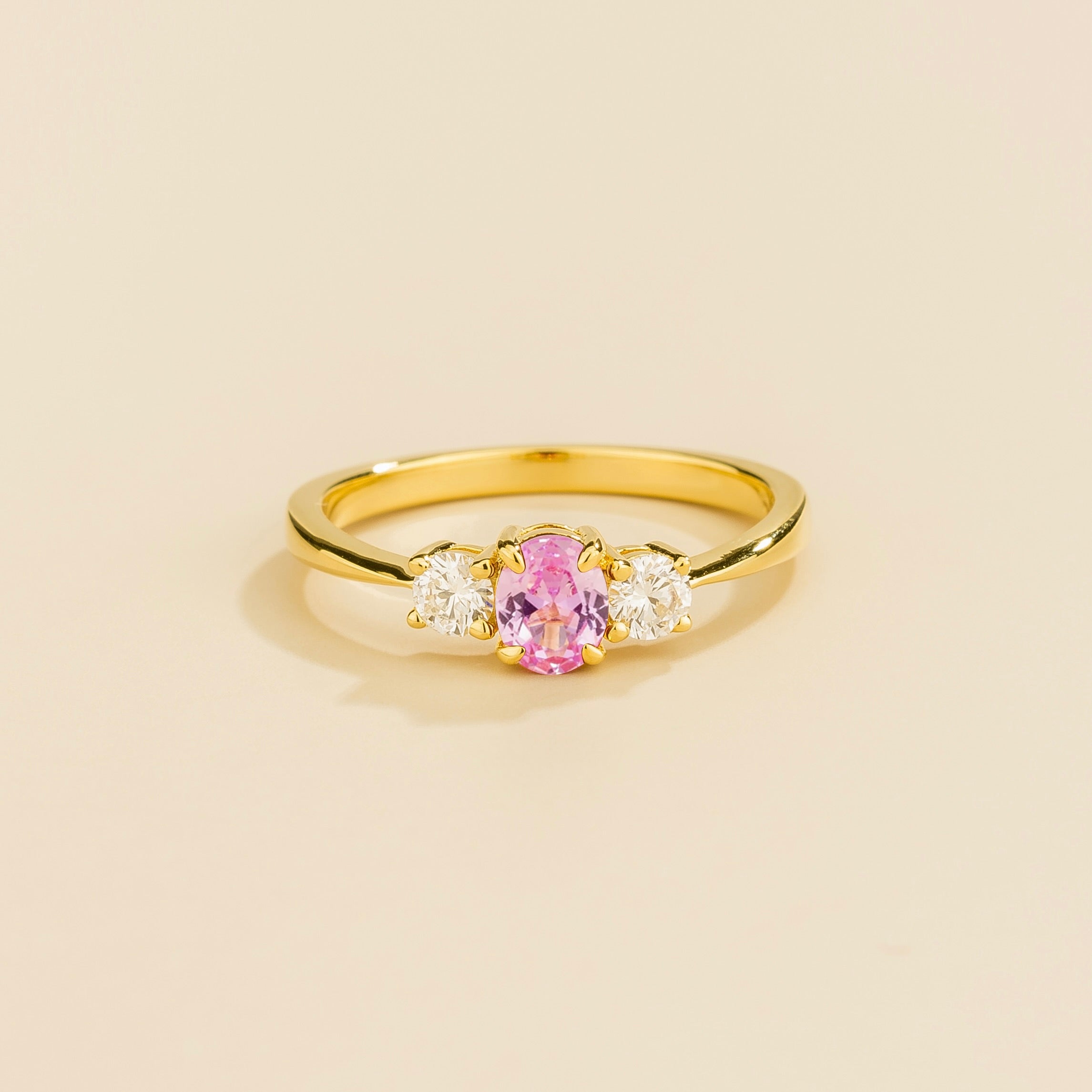 Oval lab-grown pink sapphire and diamond three-stone Boble ring in gold | Juvetti London