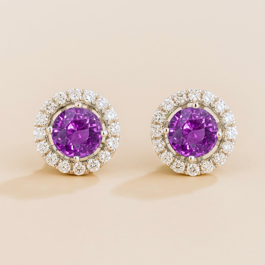 Round lab-grown purple sapphire and diamond halo stud earrings, Floret design in white gold | Juvetti London