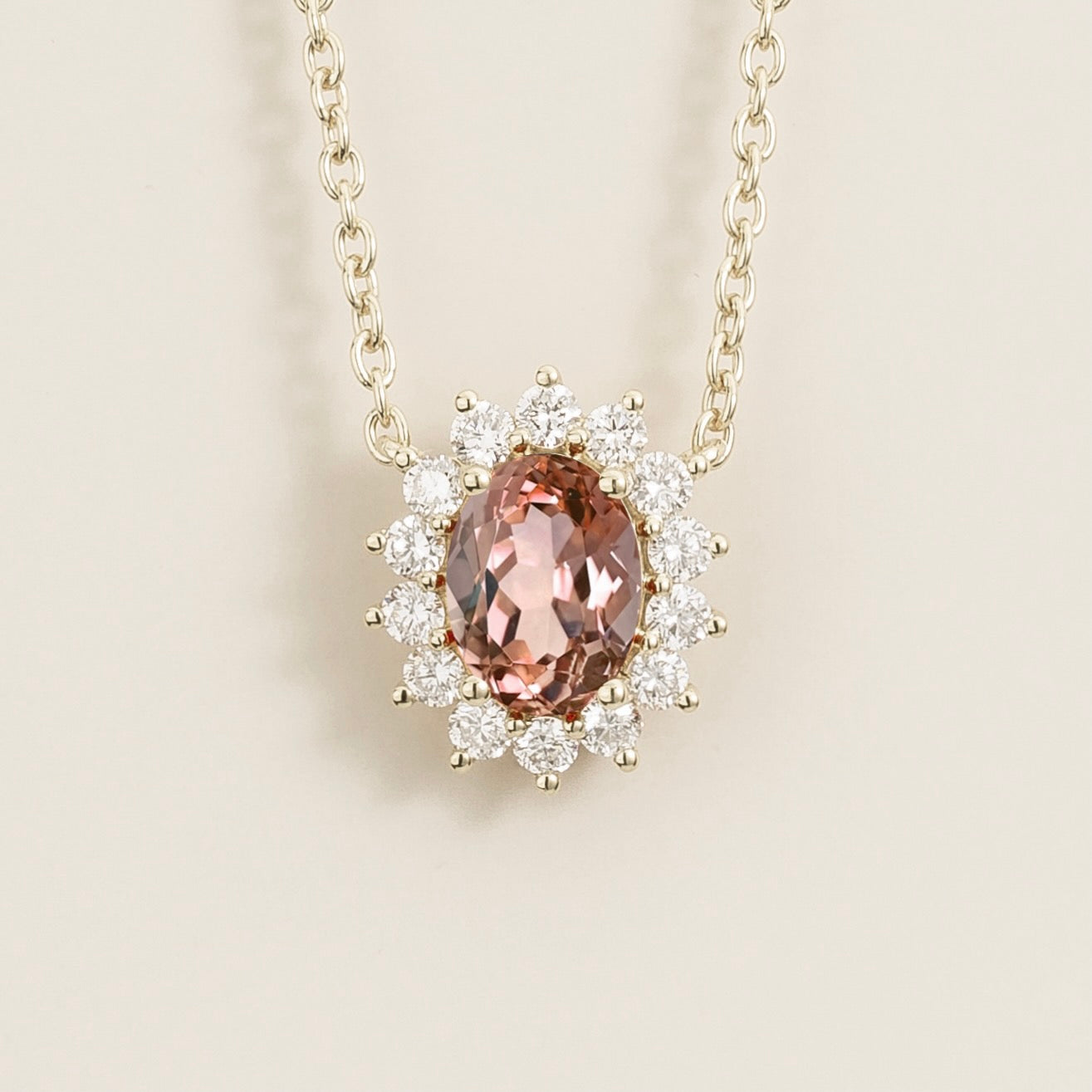 Divo Oval Morganite & Diamond Halo White Gold Necklace