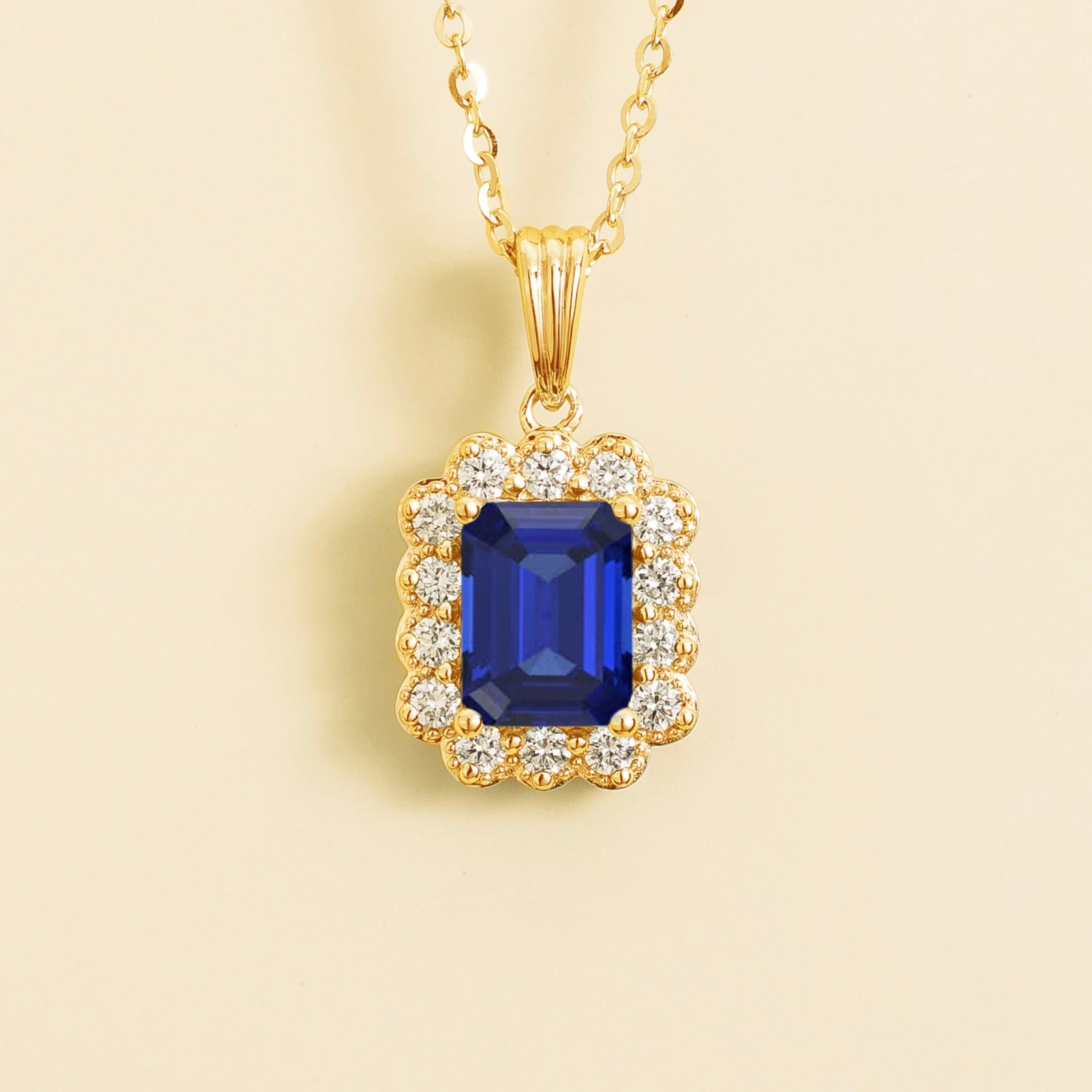 Verda Blue Sapphire Emerald-Cut & Diamond Halo Pendant Necklace in Gold