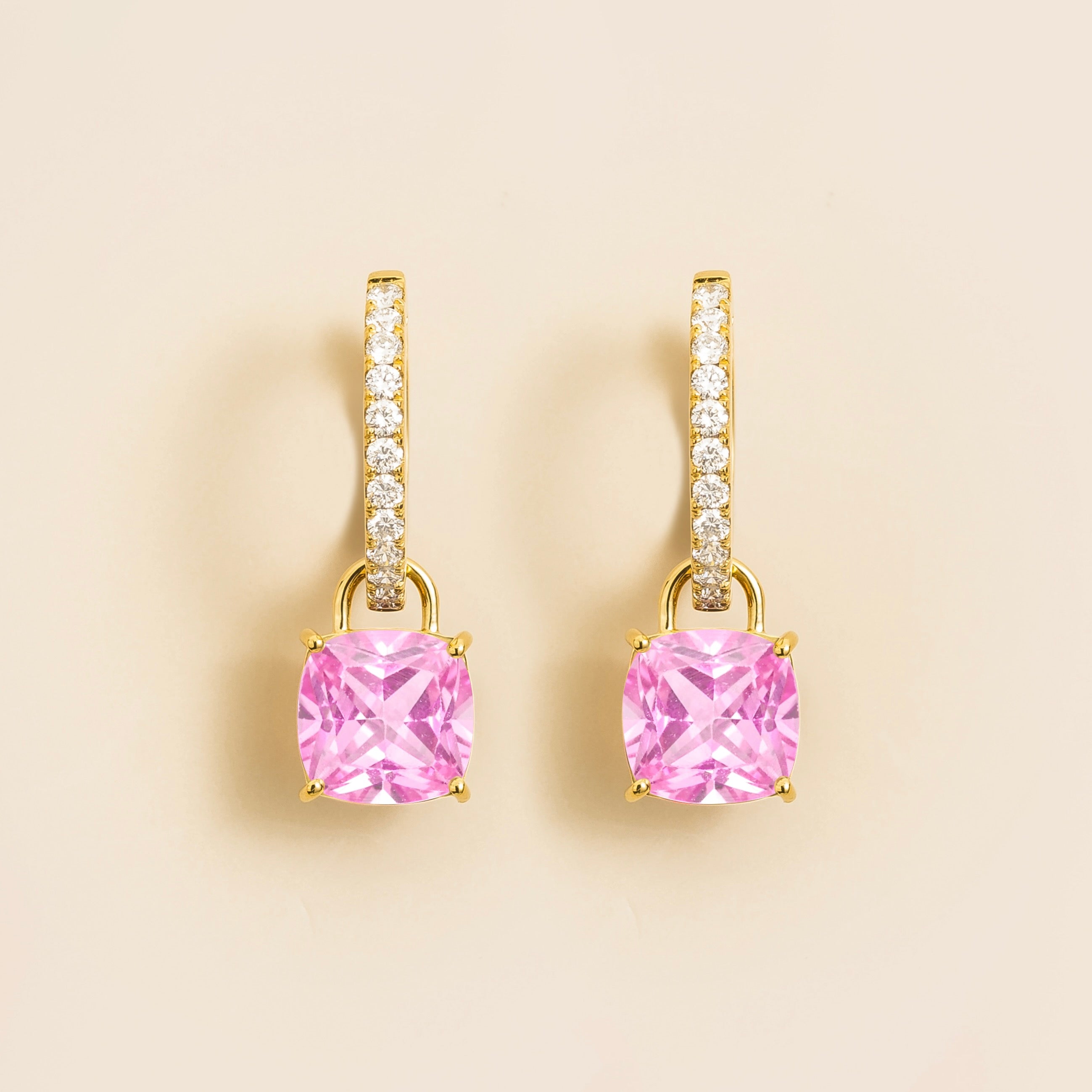 Oreol Pink Sapphire Cushion Cut & Diamond Hoop Drop Earrings in Gold