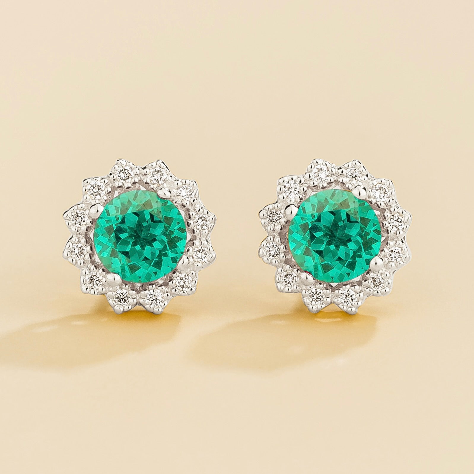 Solen Paraiba Round & Diamond Halo Stud Earrings in White Gold