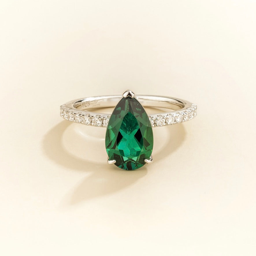 Ostry Emerald Pear-Cut and Diamond Pave Shoulder Ring