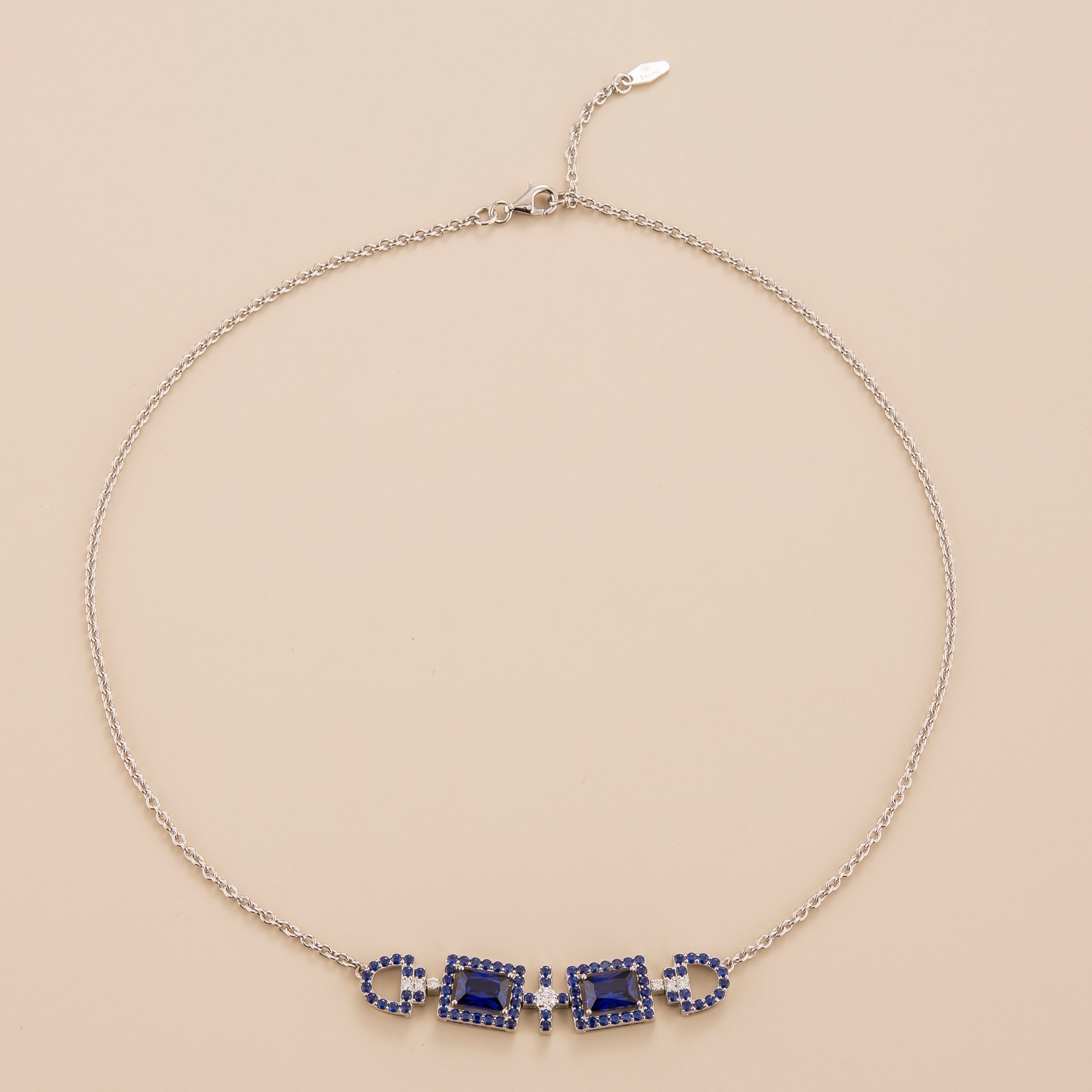 Ciceris Blue Sapphire & Diamond Rectangle Halo Statement White Gold Necklace