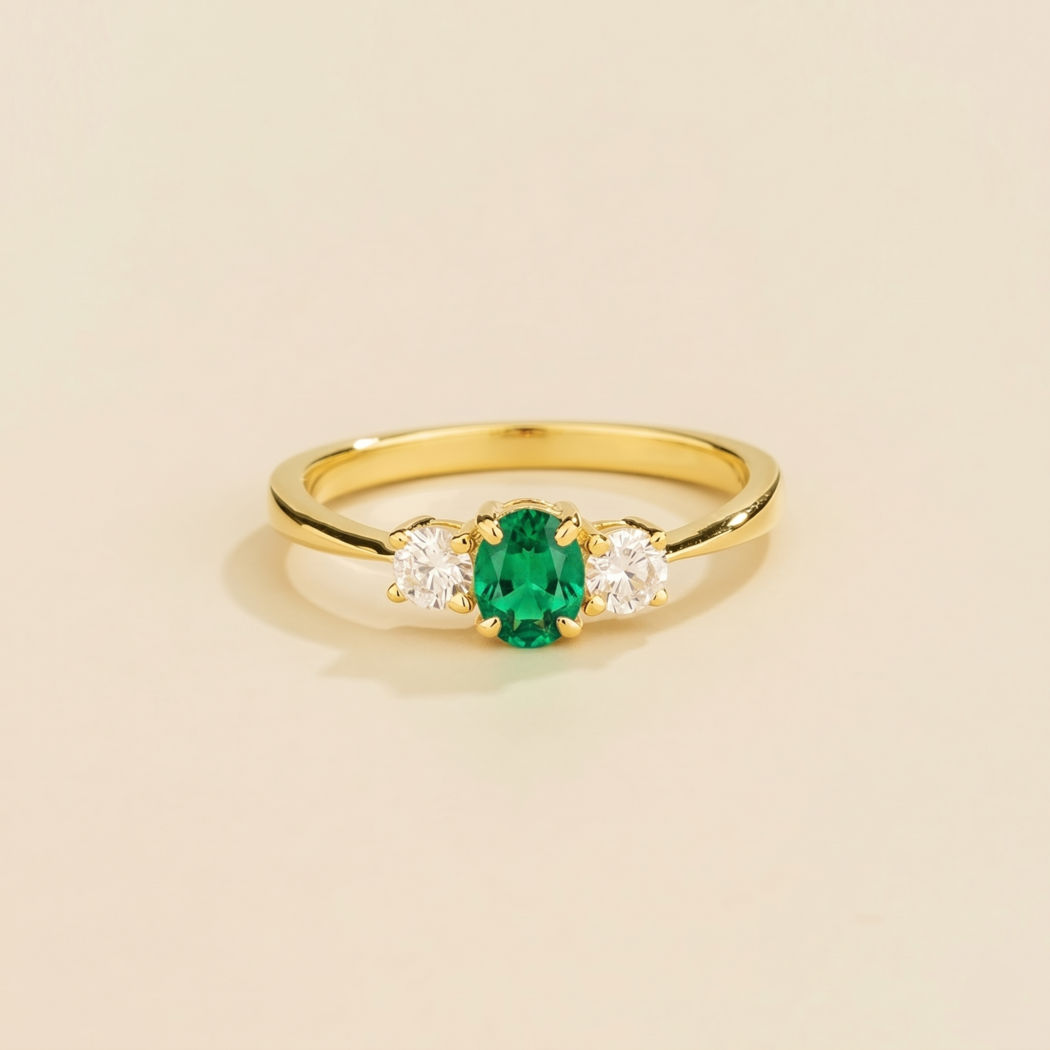 Oval lab-grown emerald and diamond three-stone Boble ring in gold | Juvetti London