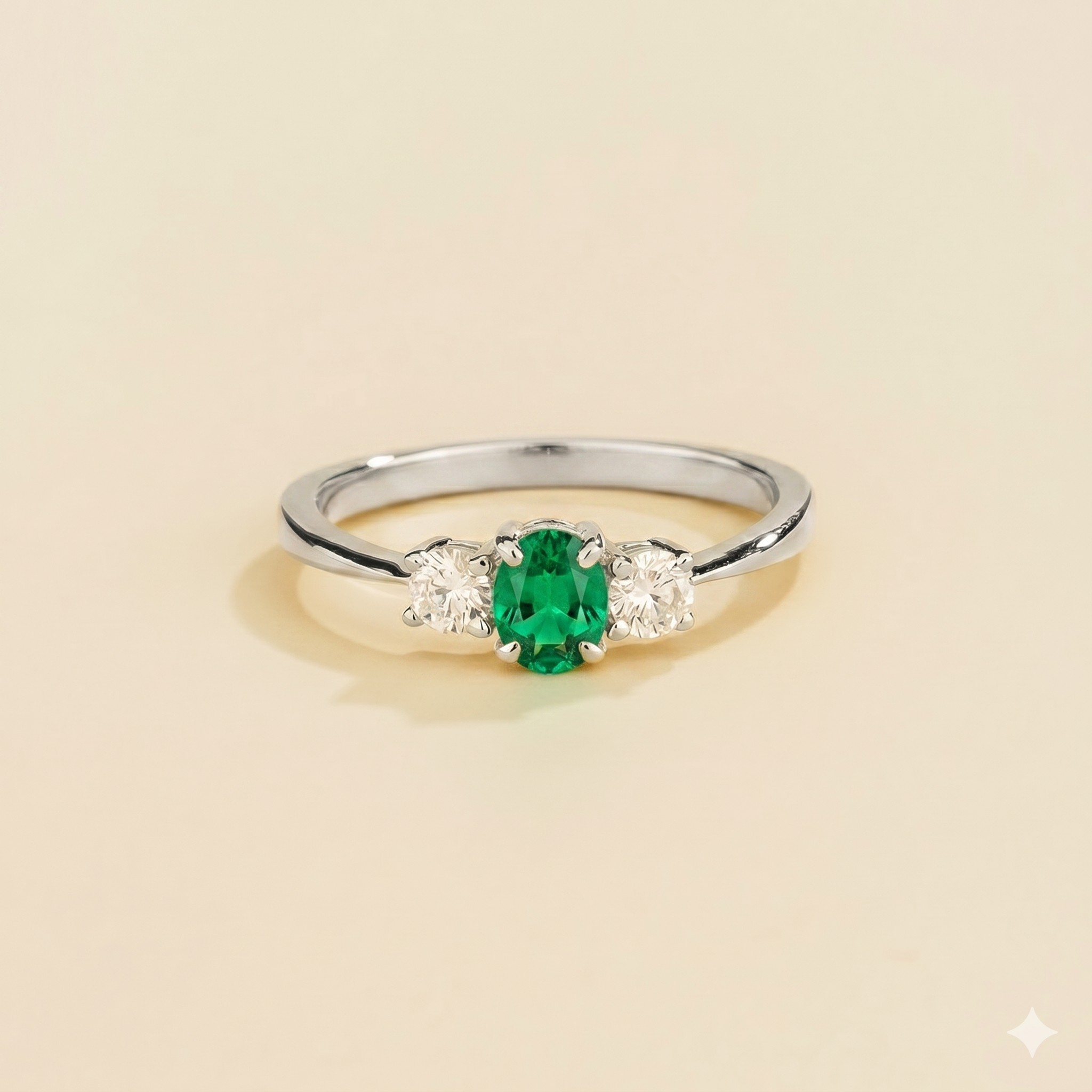 Boble Emerald Oval & Diamond Three-Stone Ring in White Gold
