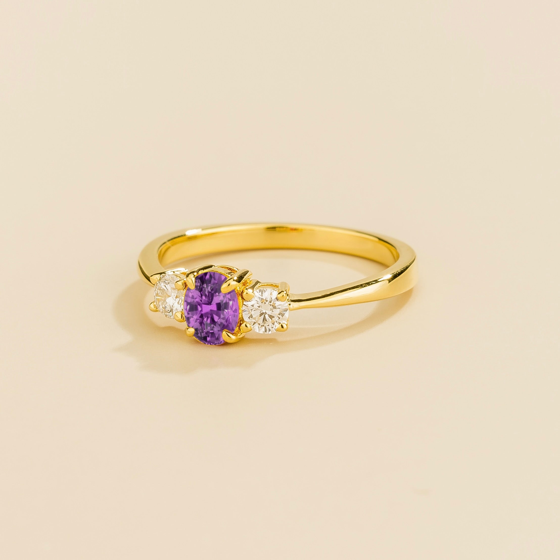 Boble Purple Sapphire Oval & Diamond Three-Stone Ring in Gold
