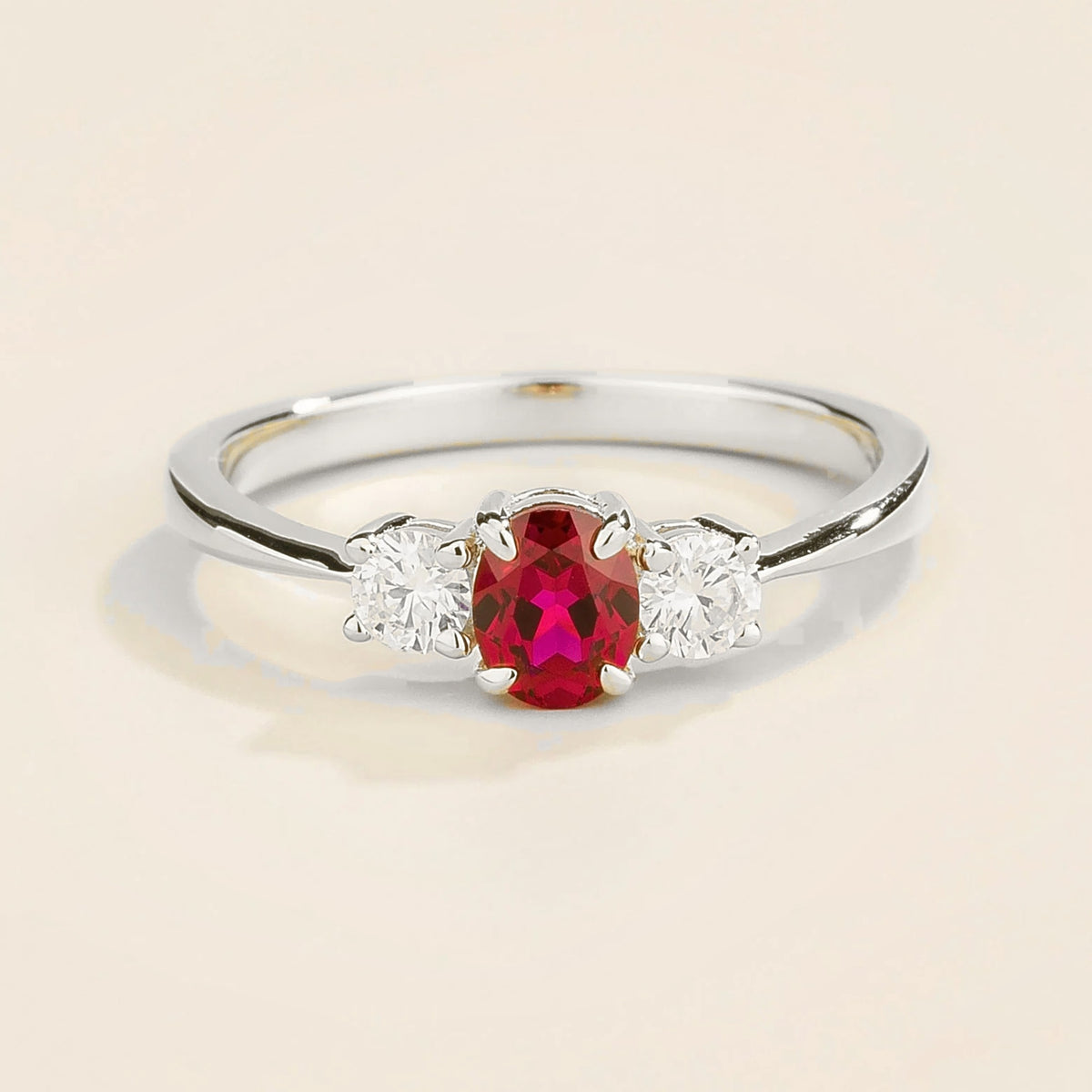 Oval lab-grown ruby and diamond three-stone Boble ring in white gold | Juvetti London