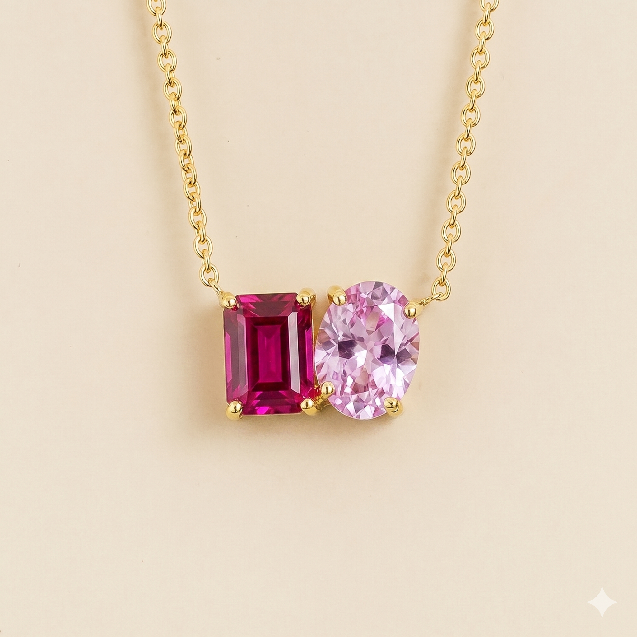 Buchon Pink Sapphire Two-Stone Emerald-Cut & Oval Pendant Gold Necklace