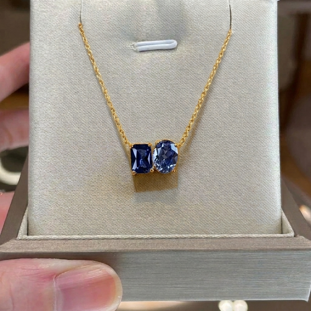 Buchon Blue Sapphire Two-Stone Emerald-Cut & Oval Pendant Gold Necklace