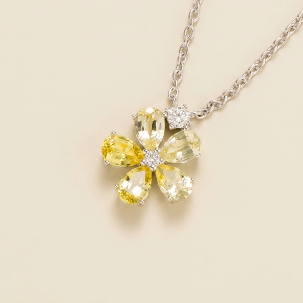 Florea Yellow Sapphire & Diamond Flower Pendant Necklace in White Gold