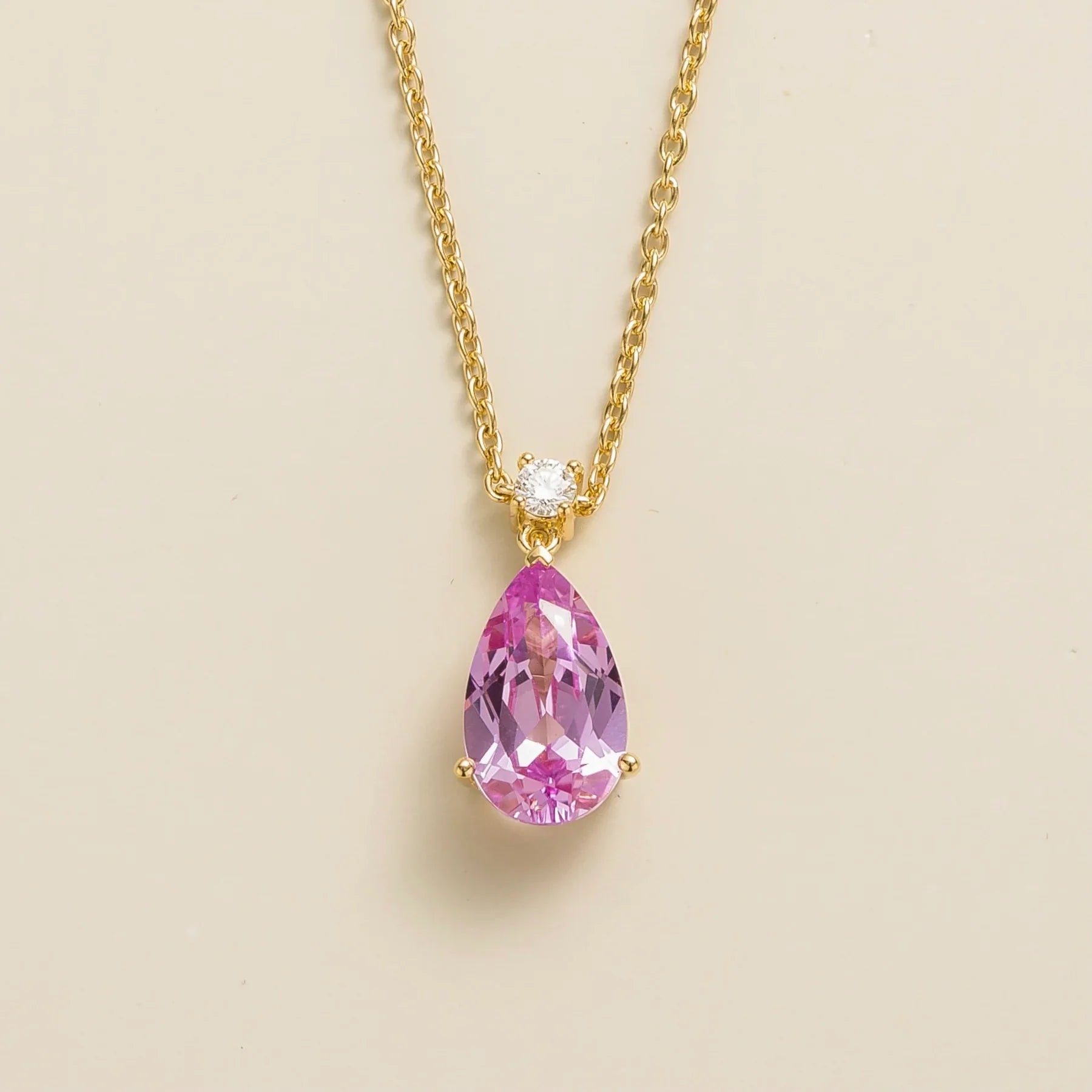 Pisa Pink Sapphire & Diamond Pear Drop Pendant Necklace In Gold - Large
