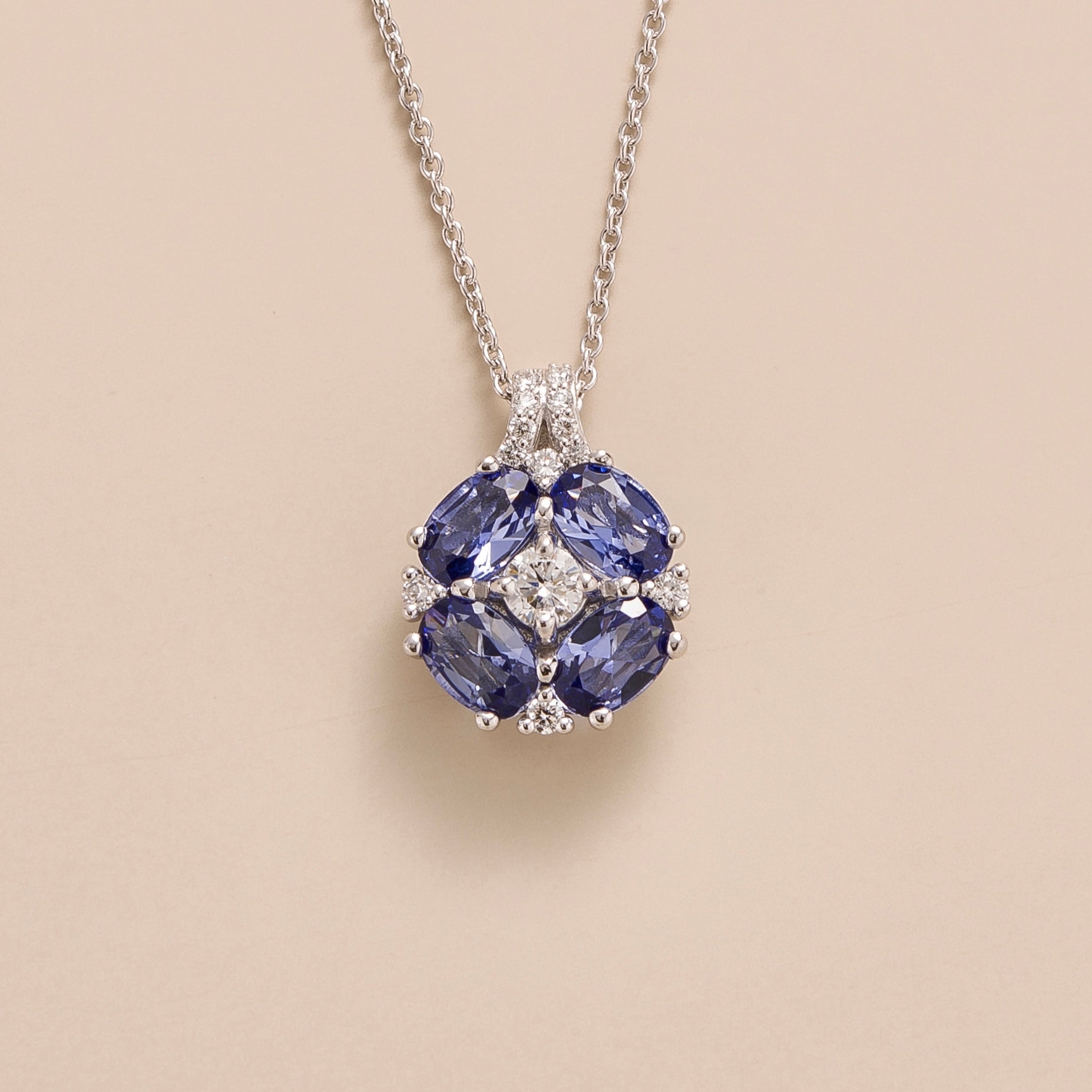 Buy Juvetti Bespoke Jewellery London Pristi White Gold Necklace Diamonds and Pastel Blue Sapphire