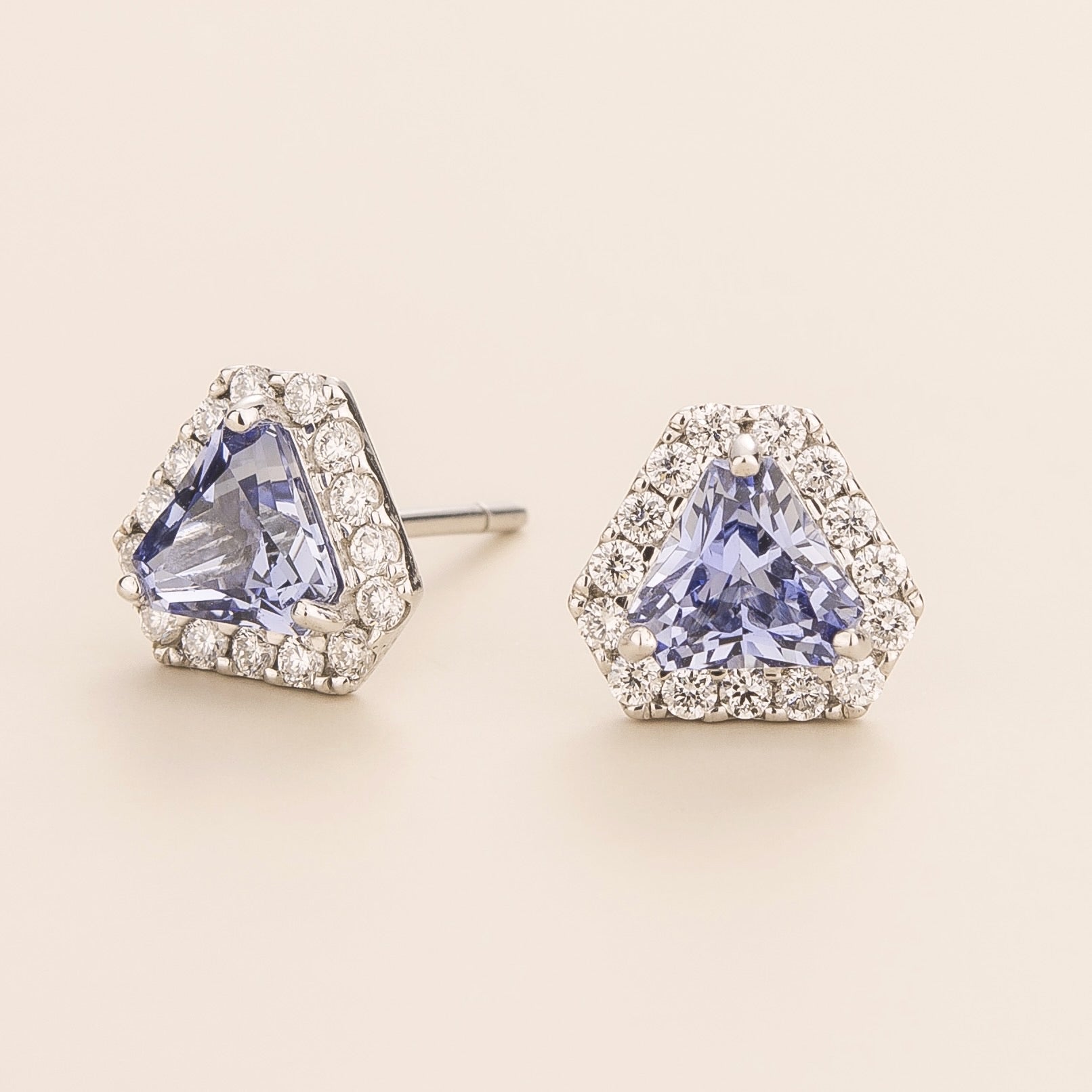 Triangle-cut Blue Sapphire & Diamond Halo Stud Earrings in White Gold
