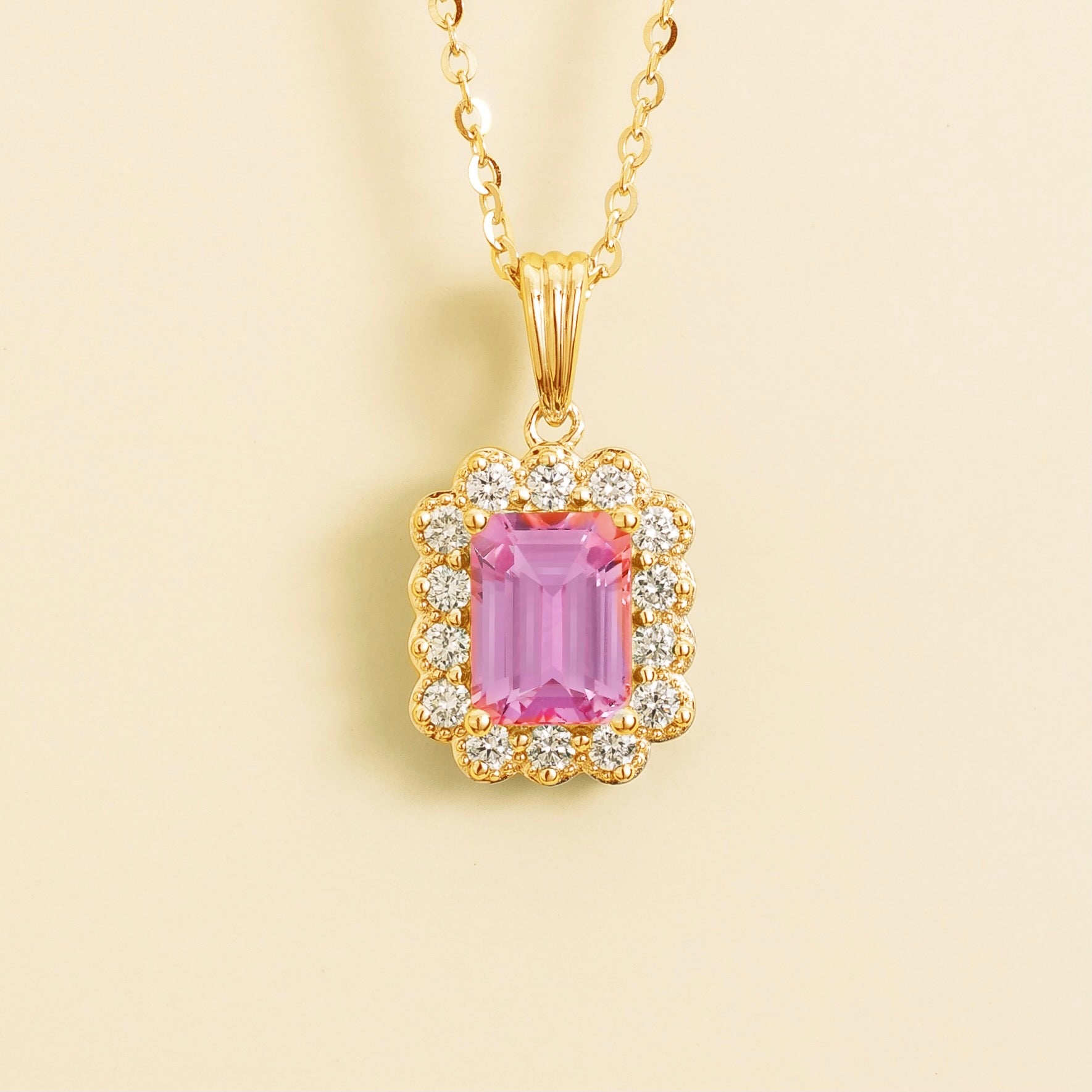 Verda Pink Sapphire Emerald-Cut & Diamond Halo Pendant Necklace in Gold