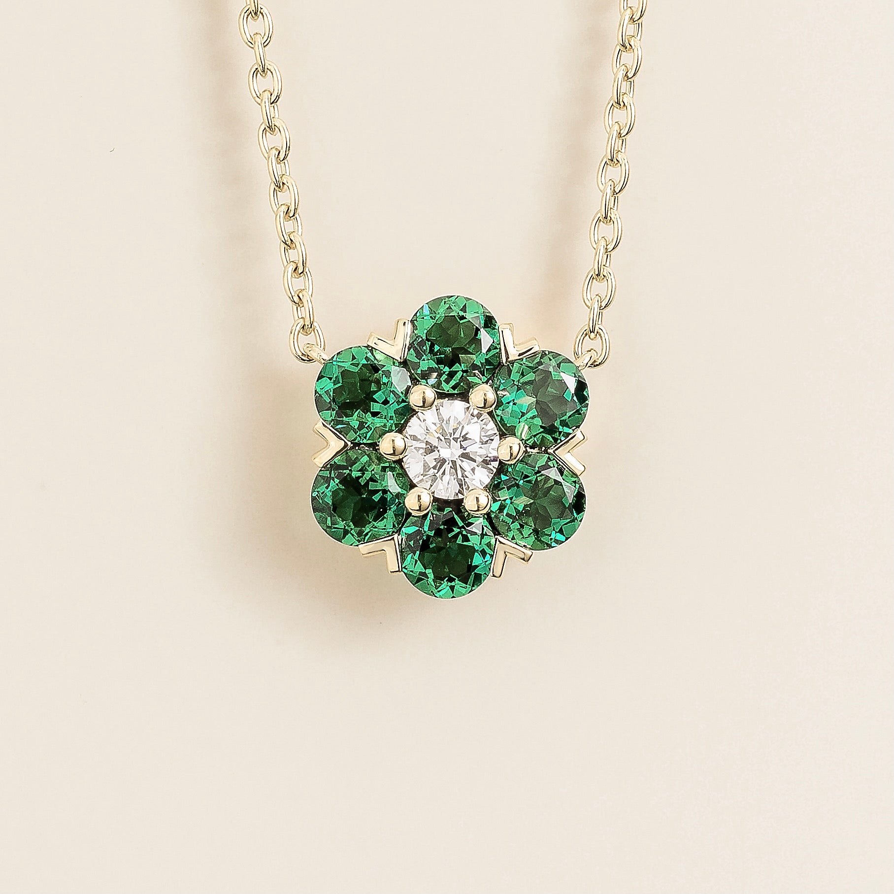 Cinq Emerald & Diamond Flower Pendant Necklace in White Gold