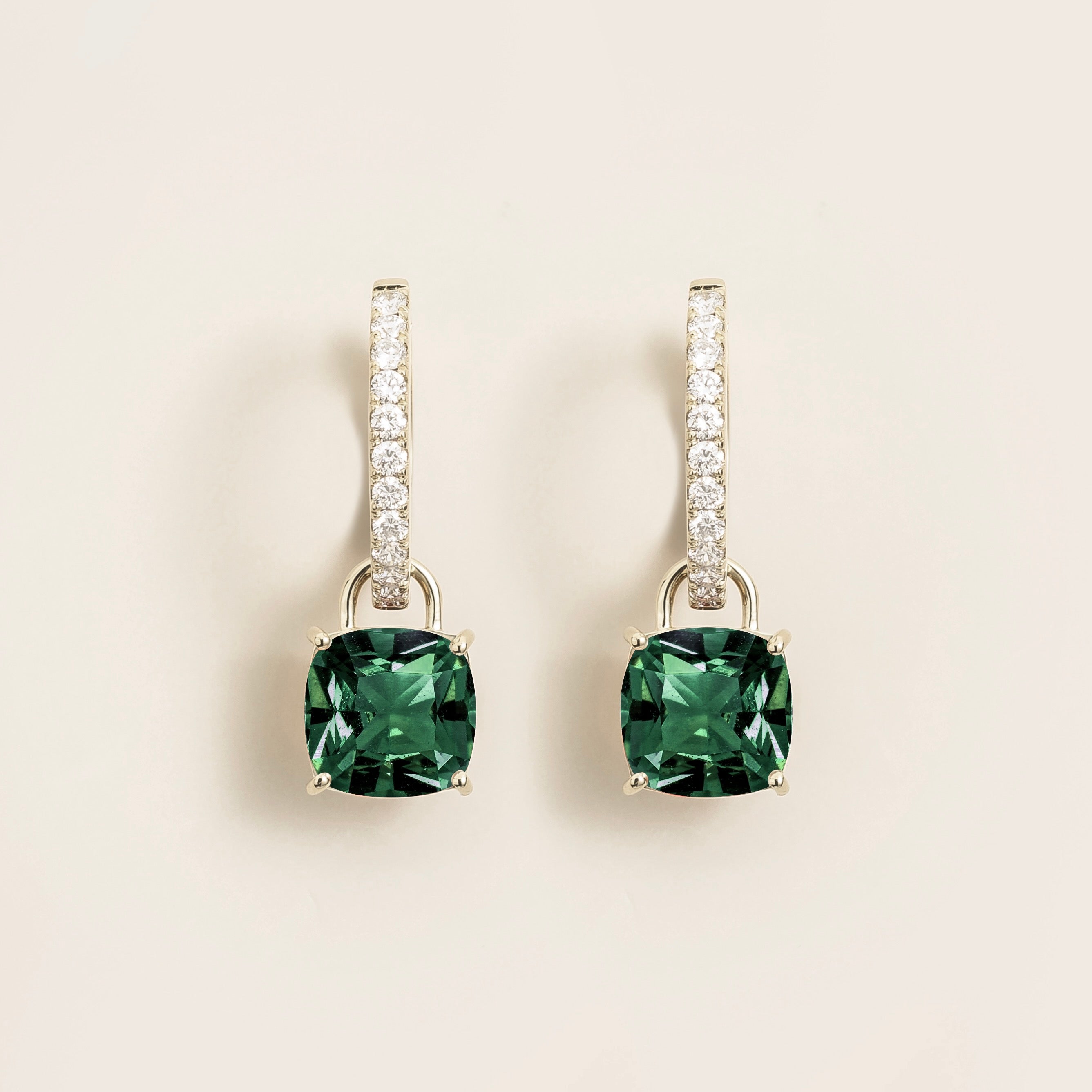 Oreol Emerald Cushion Cut & Diamond Hoop Drop Hoop Earrings in White Gold
