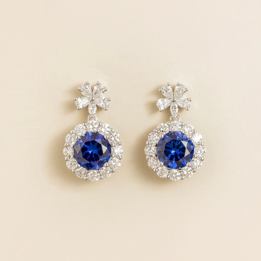 Round Blue Sapphire Halo Pendant Earrings with Flower Bail in White Gold