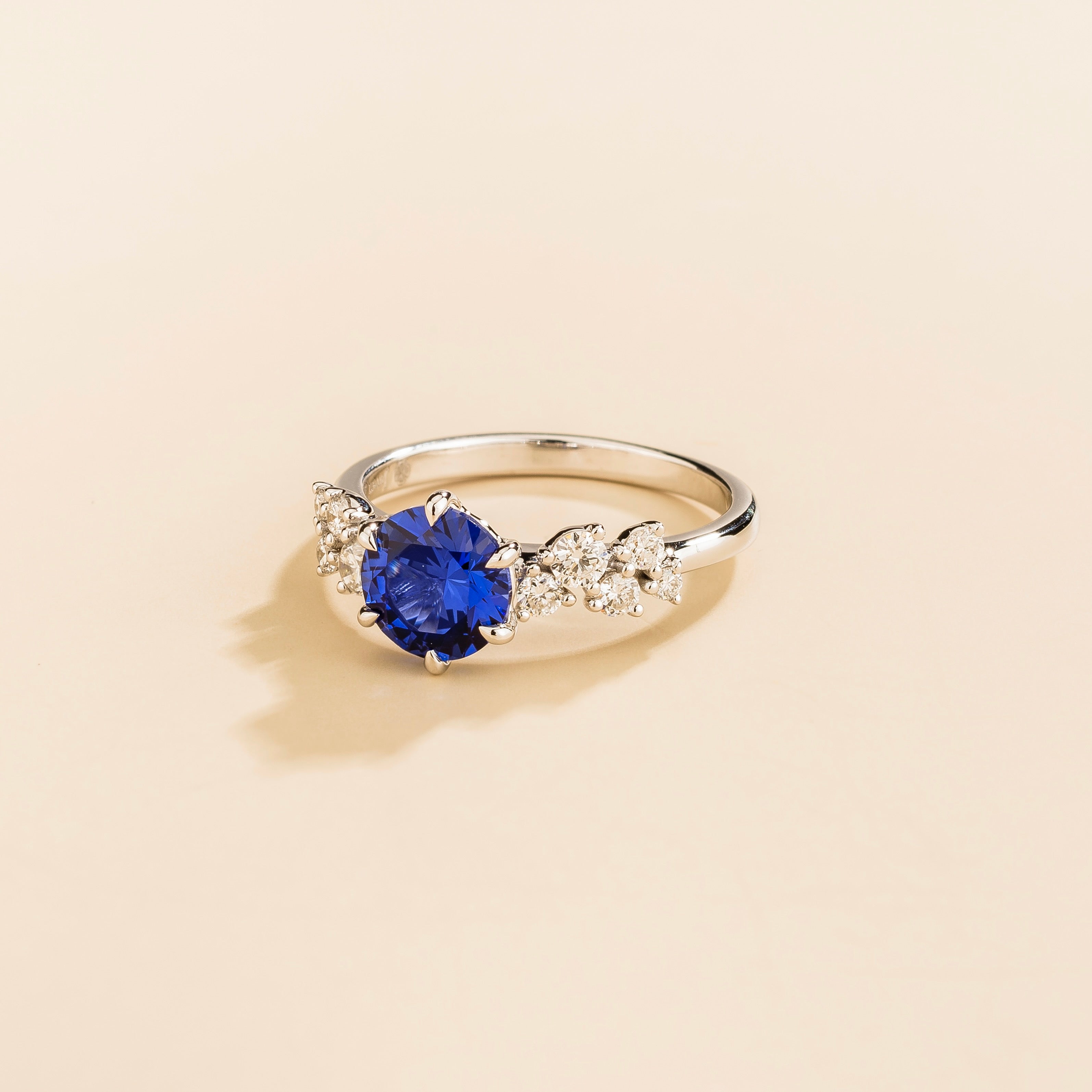 Floret Blue Sapphire Round & Diamond Cluster Ring in White Gold