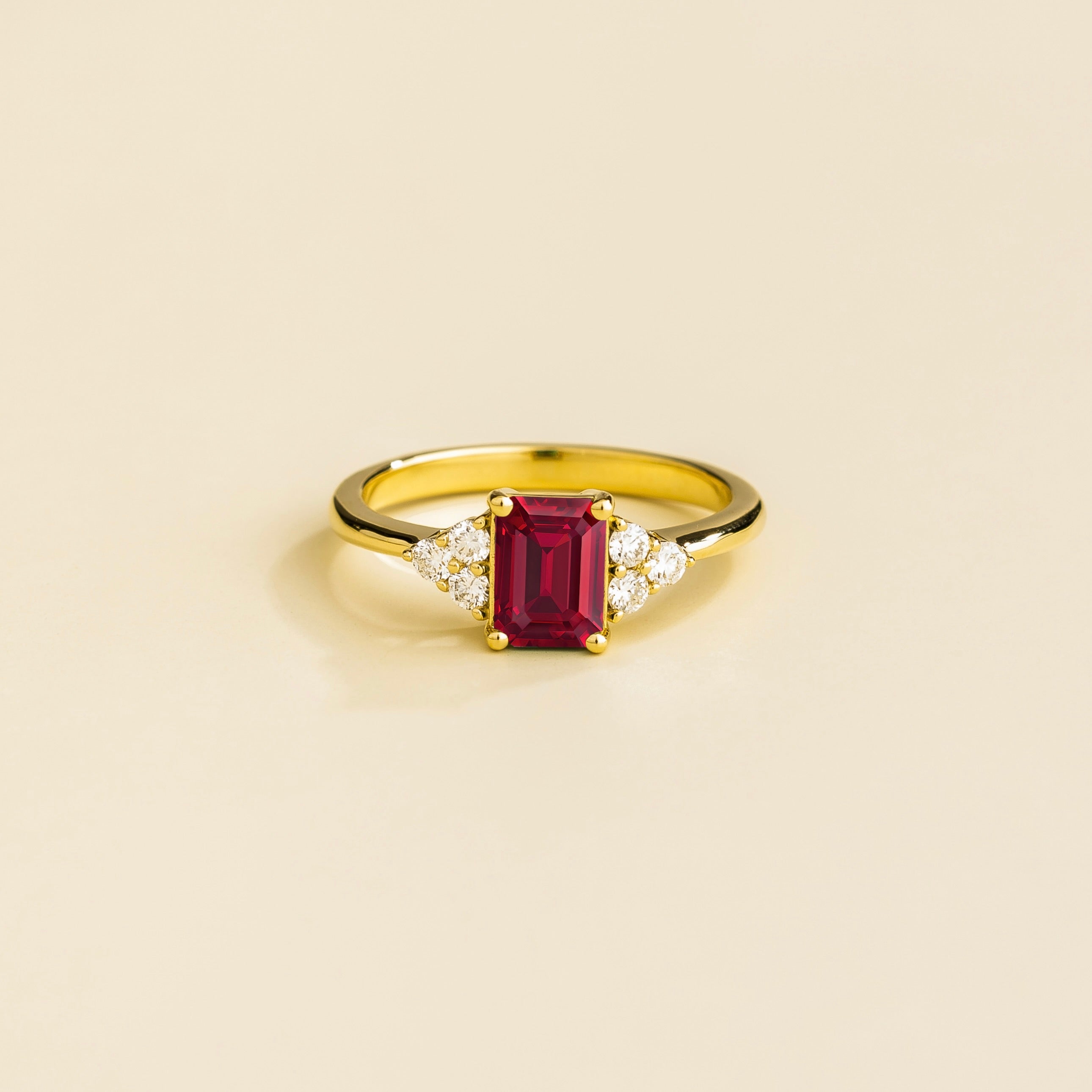 Emerald-cut lab-grown ruby and diamond Chateau ring in gold | Juvetti London