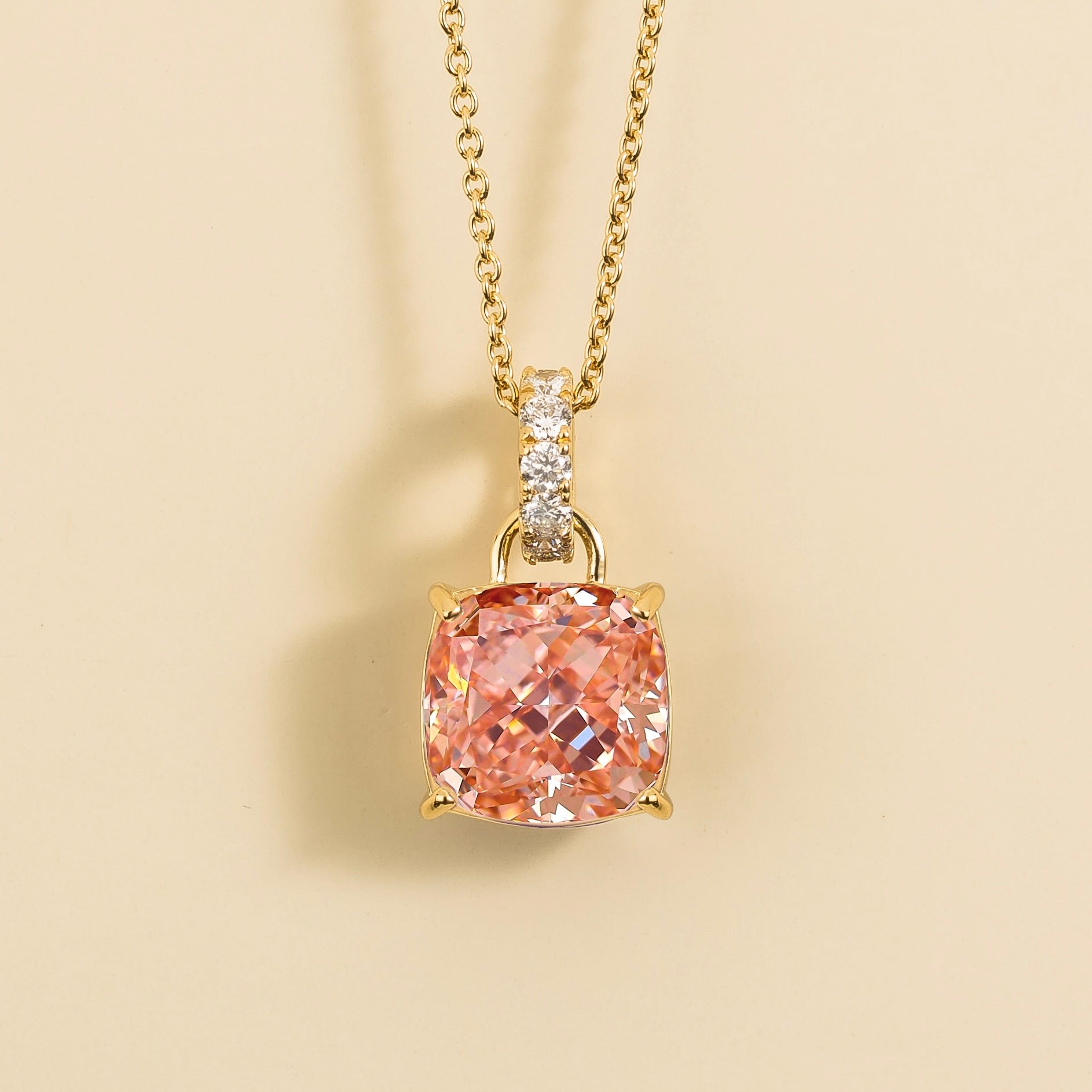 Oreol Padparadscha Sapphire Cushion Cut & Diamond Hoop Pendant Necklace in Gold