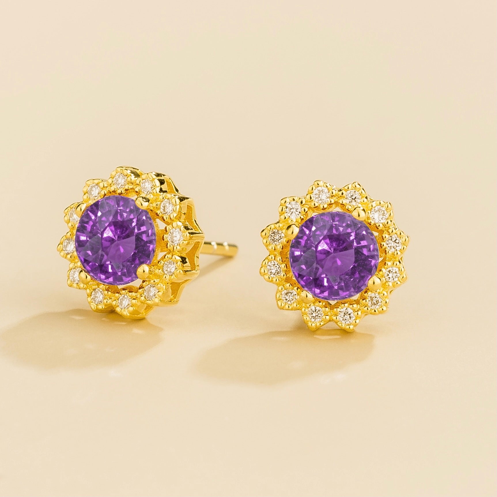 Solen Purple Sapphire Round & Diamond Halo Stud Earrings in Gold